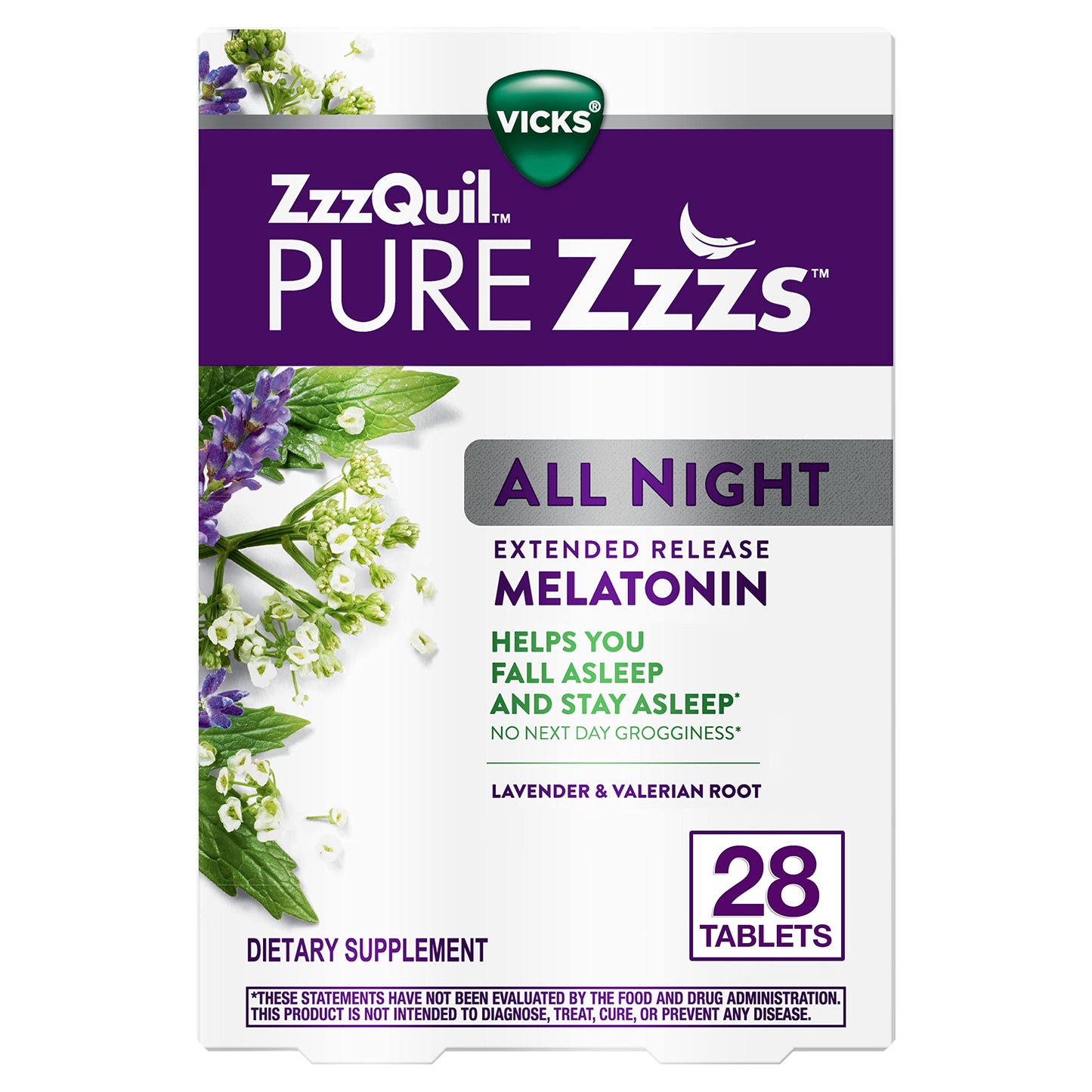 Vicks ZzzQuil Pure Zzzs All Night Extended Release Melatonin Sleep Aid Tablet, 28 Count