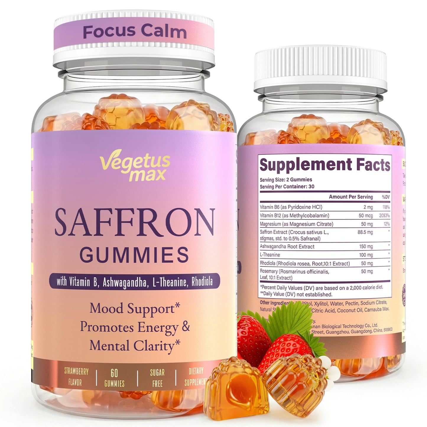 VEGETUSMAX Saffron Gummies 88.5mg Saffron Extract with Magnesium, Ashwagandha, L-Theanine, Rhodiola, Rosemary, Vitamin B6, B12 for Mood, Focus, Calm, 60 Gummies