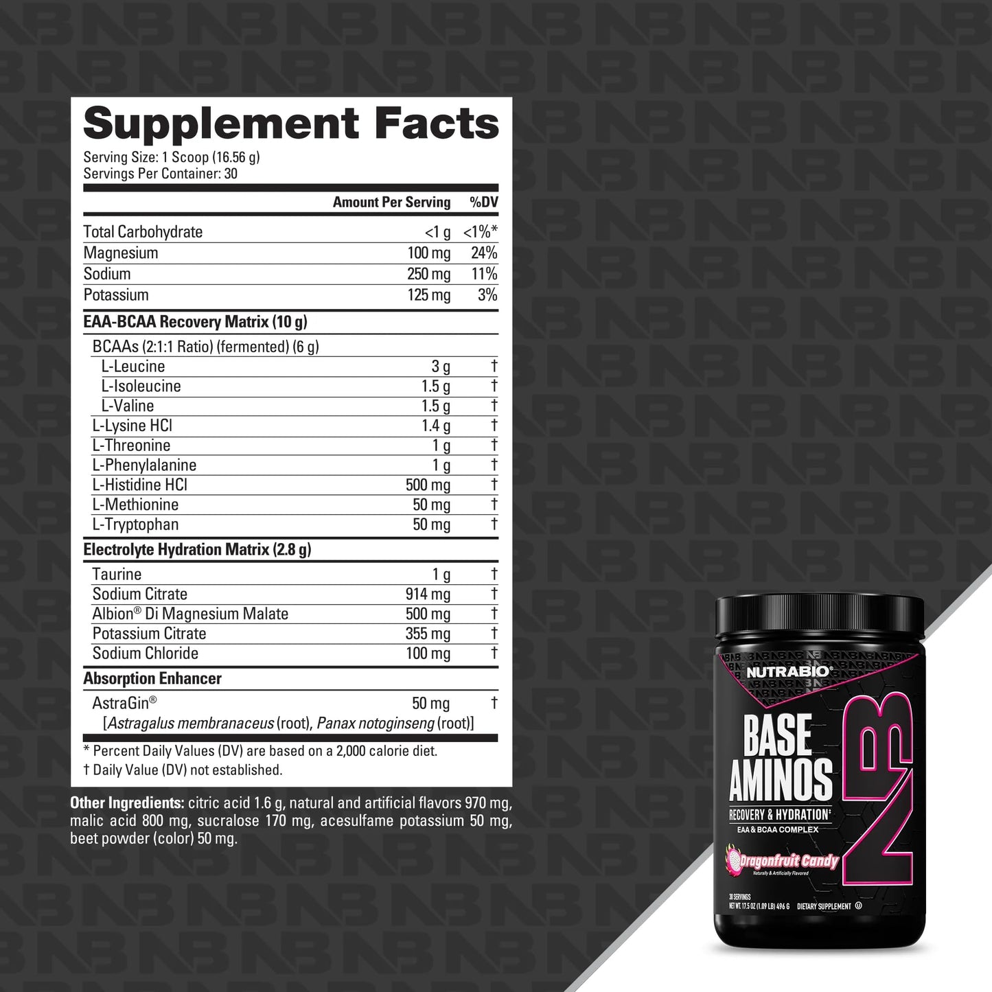 NutraBio Base Aminos EAA + BCAA Powder Dragon Fruit Candy 16 oz