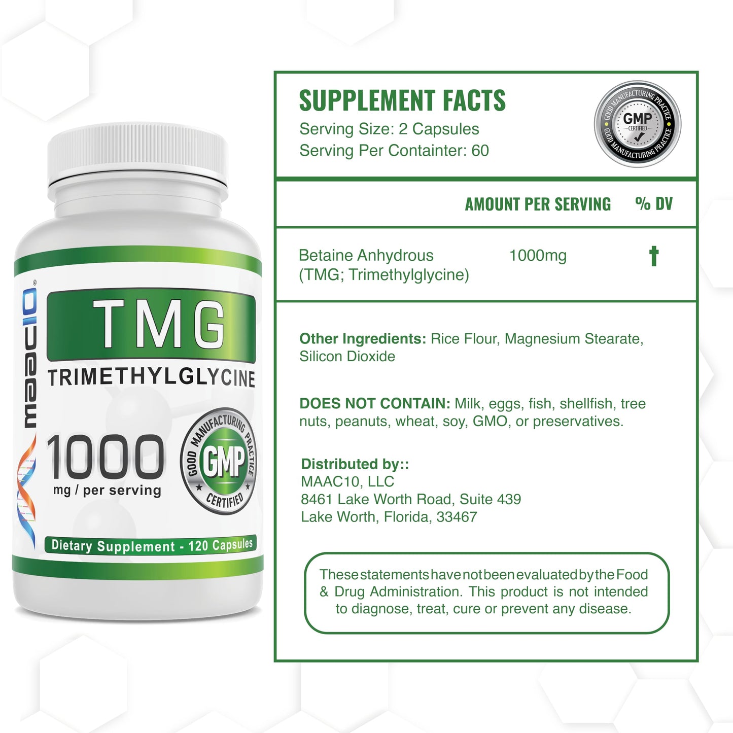 MAAC10 TMG 1000 mg NSF Certified Supplement for Healthy Aging, 120 Capsules