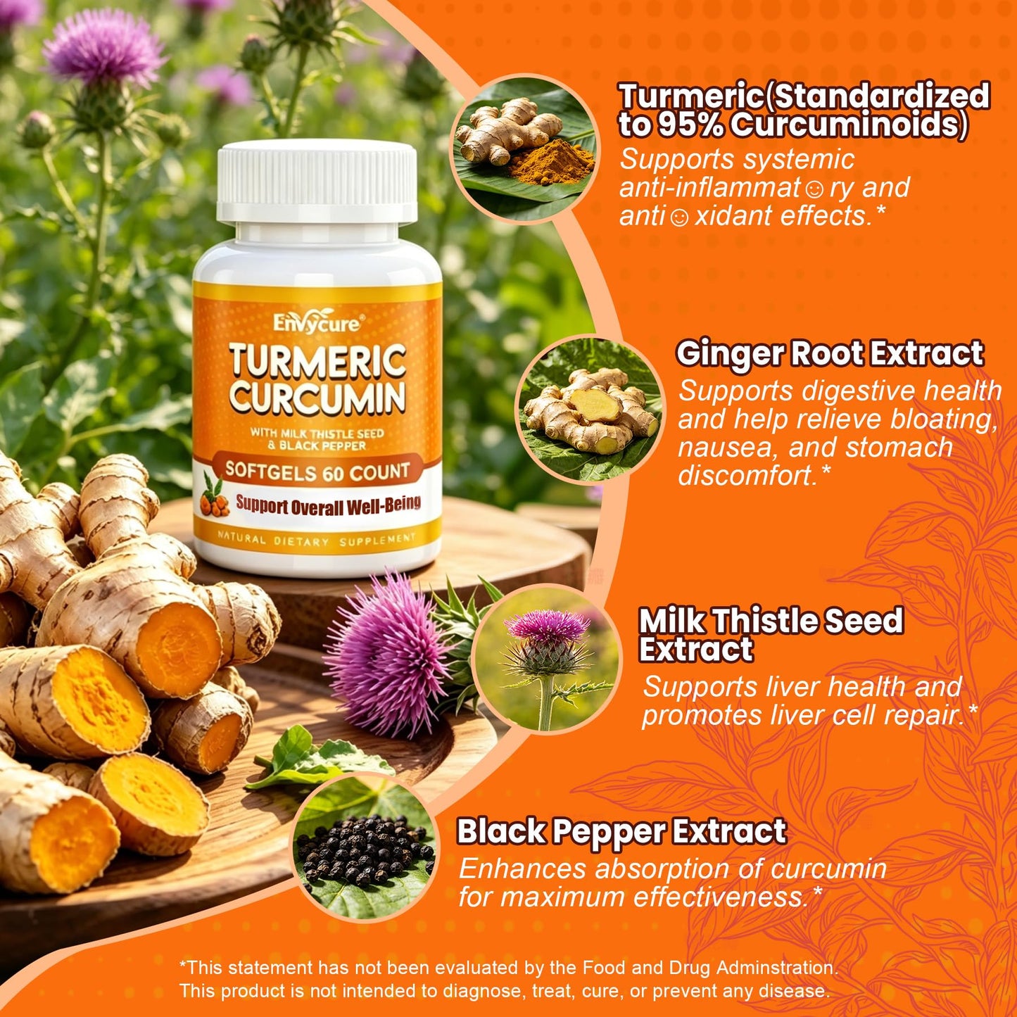 EnvyCure Turmeric Curcumin Softgels with Ginger & Black Pepper, Milk Thistle, 2000mg Turmeric Camplex with 95% Curcuminoids — 120 Softgels