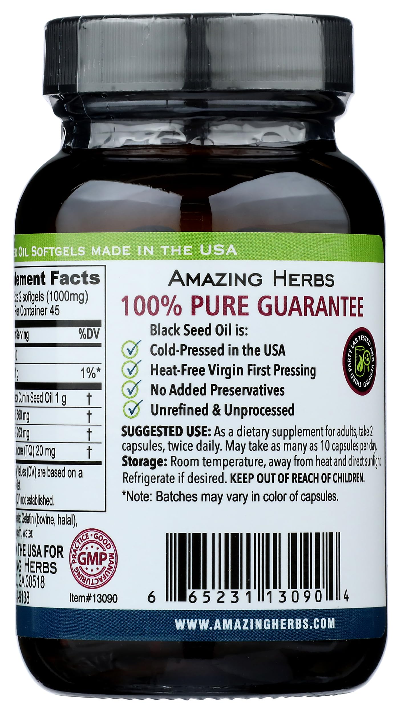 Amazing Herbs Black Seed Oil 500mg Capsules - 90 Count