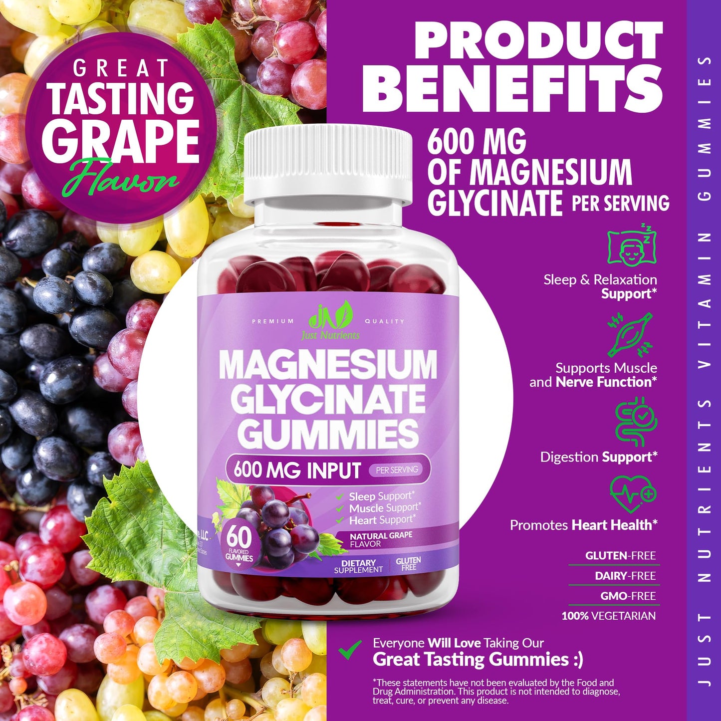 Just Nutrients Magnesium Glycinate 600mg Gummies, 60 Count