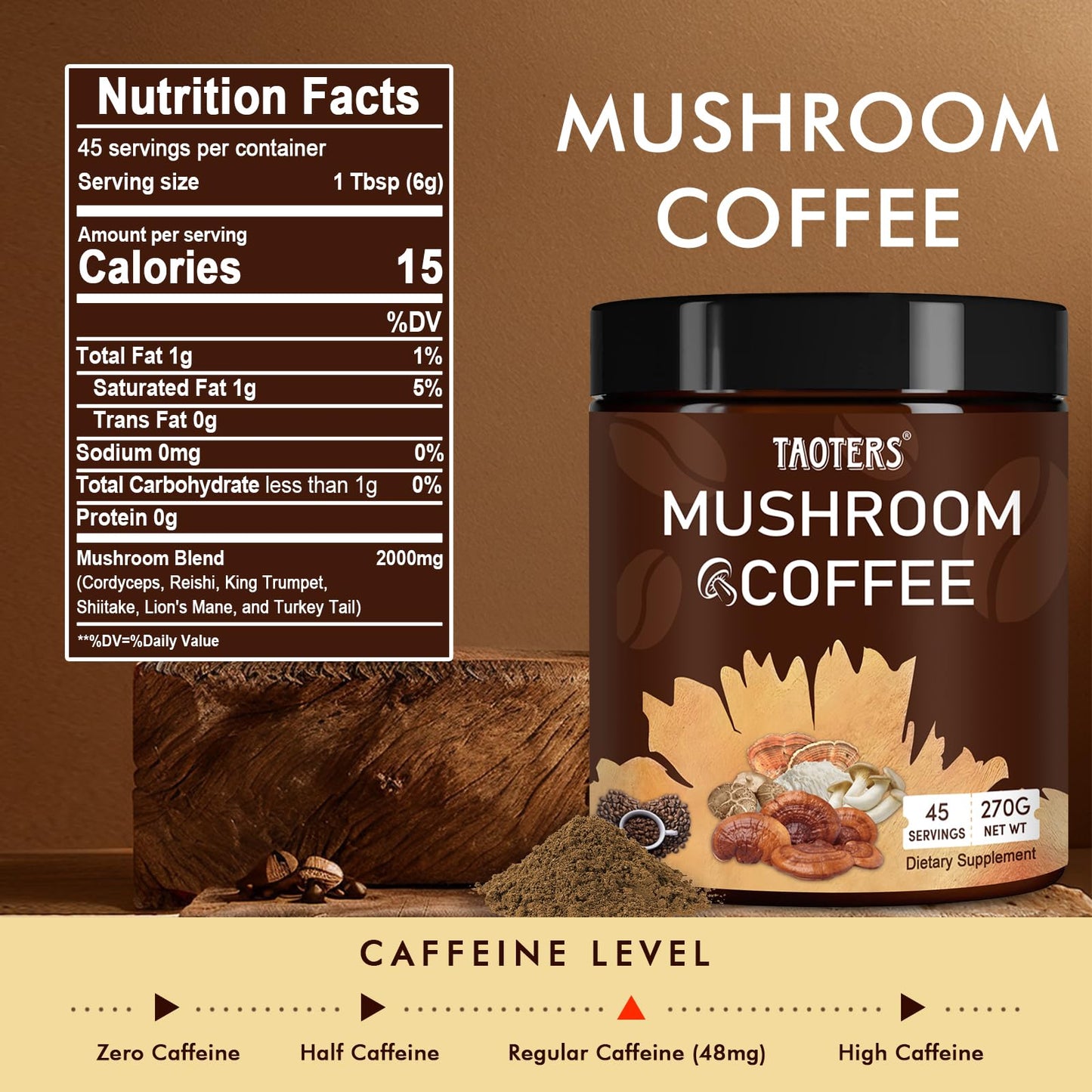 TAOTERS Mushroom Coffee Powder, 9.5 oz
