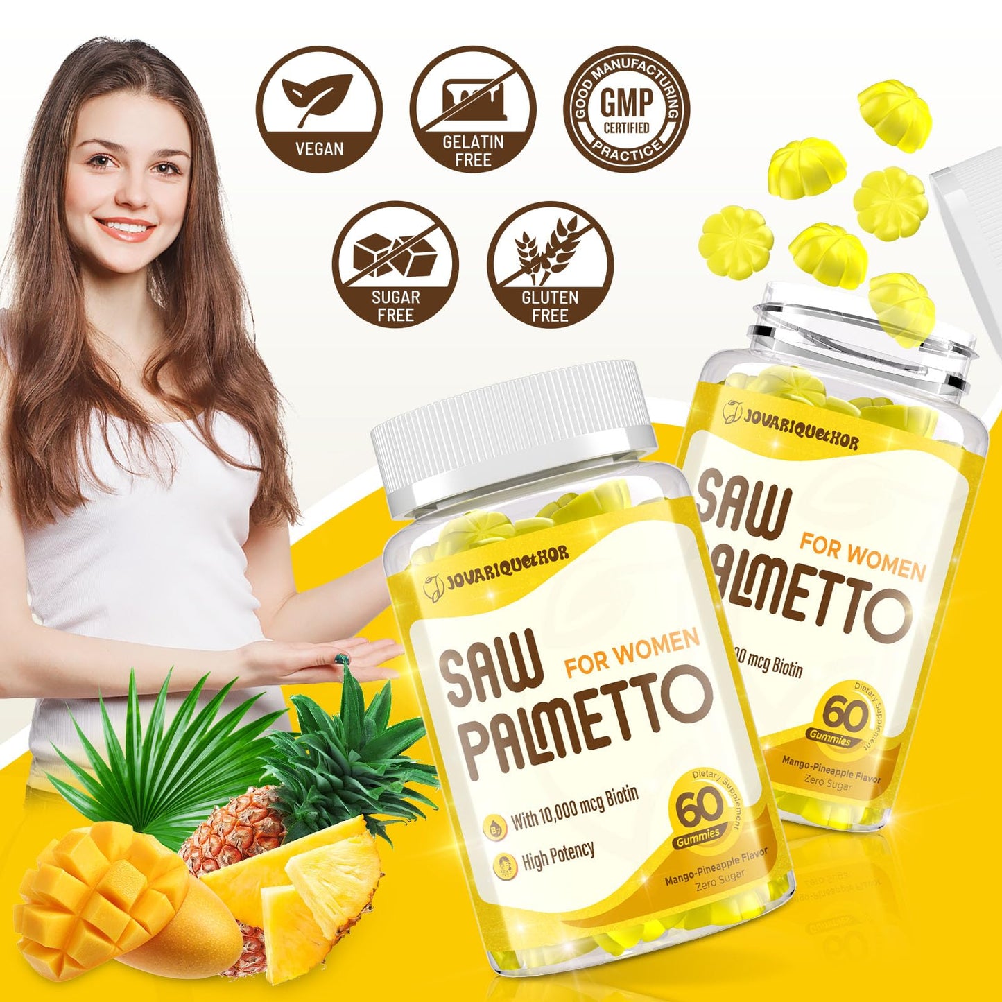 Jovariquethor Saw Palmetto for Women DHT Blocker Hair Growth Supplement 500mg Potent Saw Palmetto Gummies Mango-Pineapple Flavor 120 Gummies