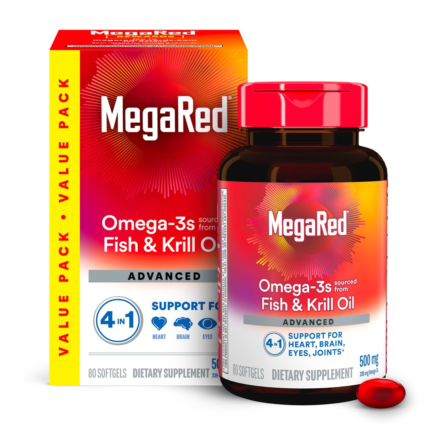 MegaRed Omega-3 Fish Oil + High Absorption Krill Oil 500mg Softgels, 80 Count