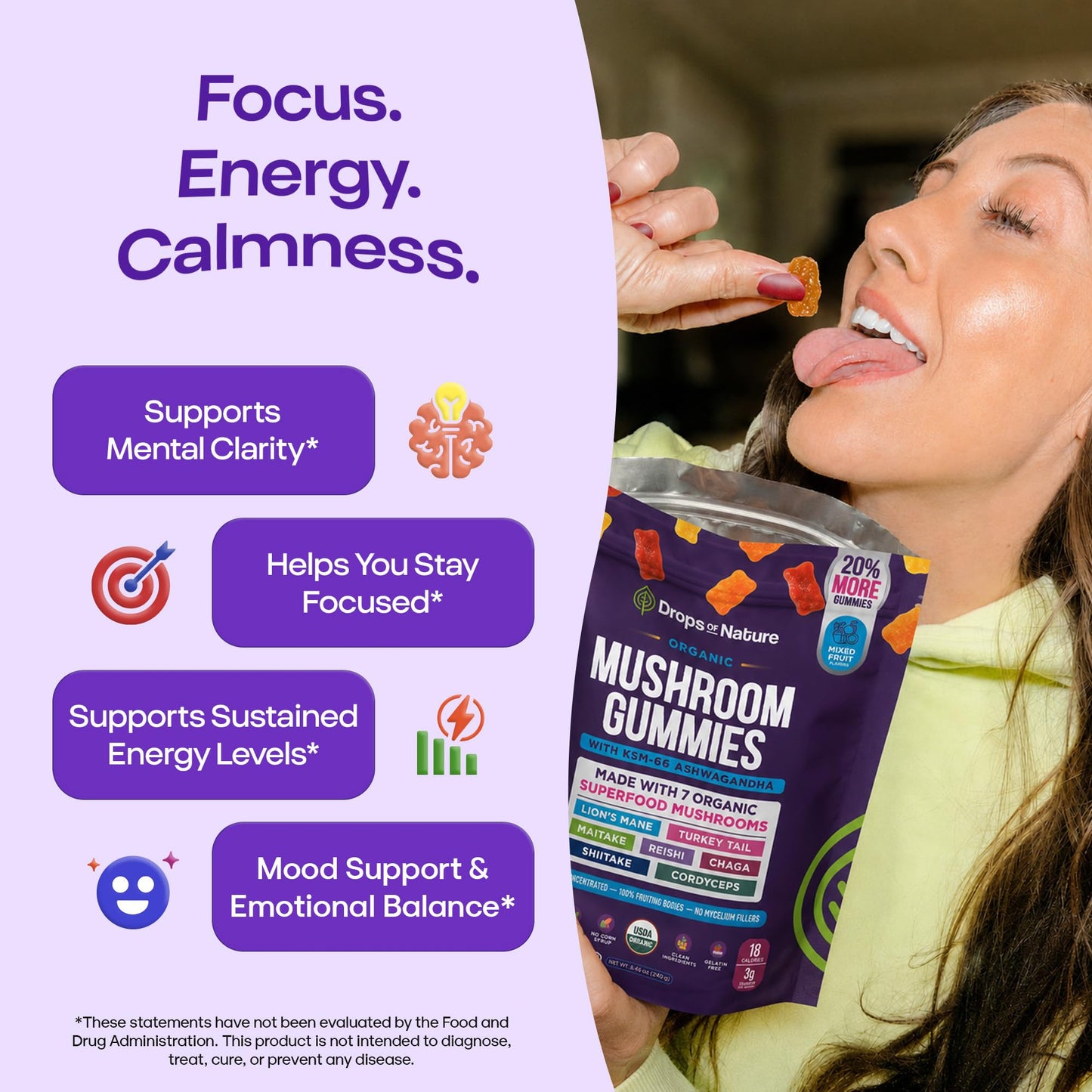 Drops Of Nature Organic Mushroom Gummies & Ashwagandha - Mixed Berry, 80 Gummies