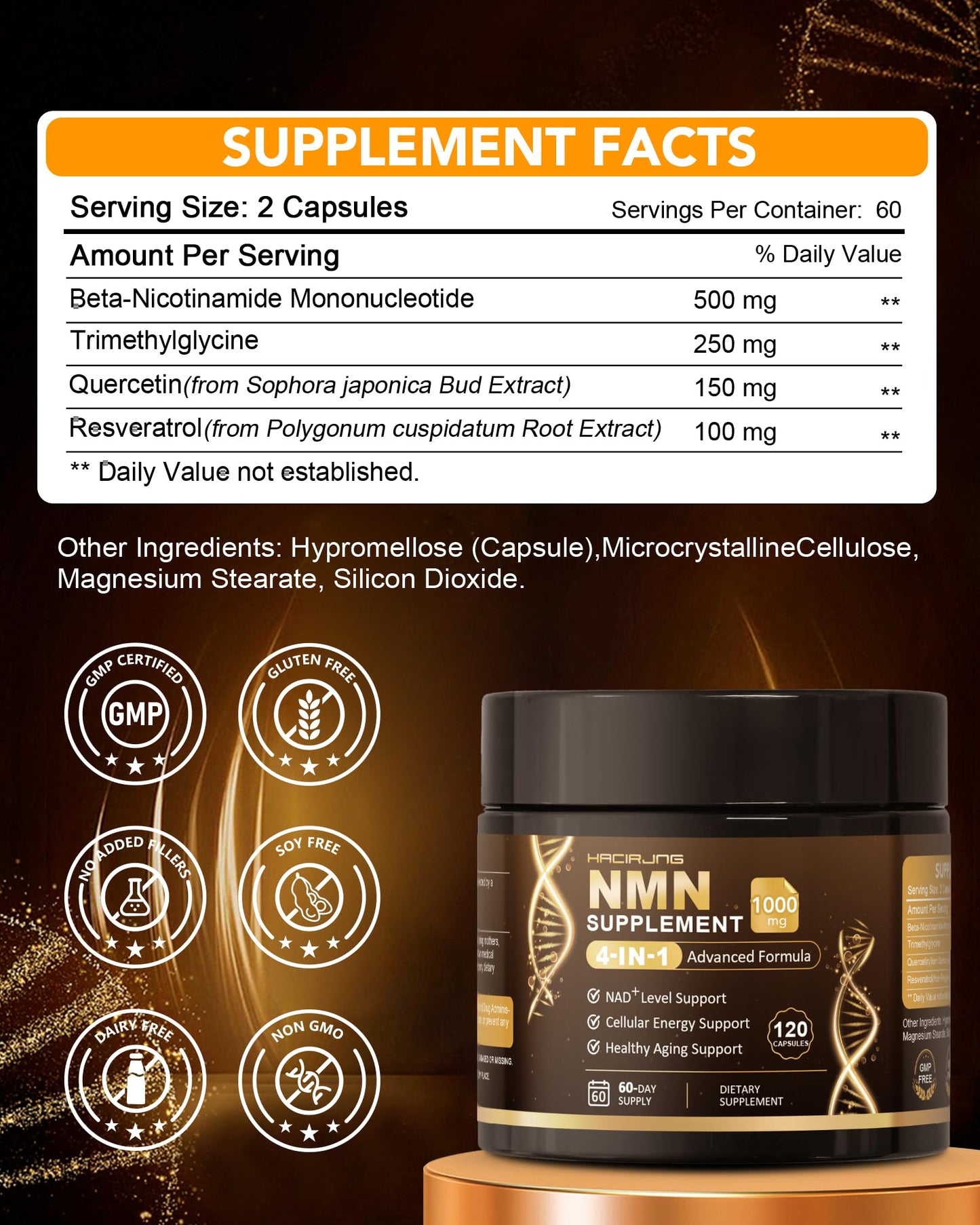 HACIRJNG 3-in-1 NMN Supplement with Resveratrol, TMG & Quercetin, Liposomal NMN 1000mg, Supports Cellular Energy & NAD+ Level, 120 Capsules