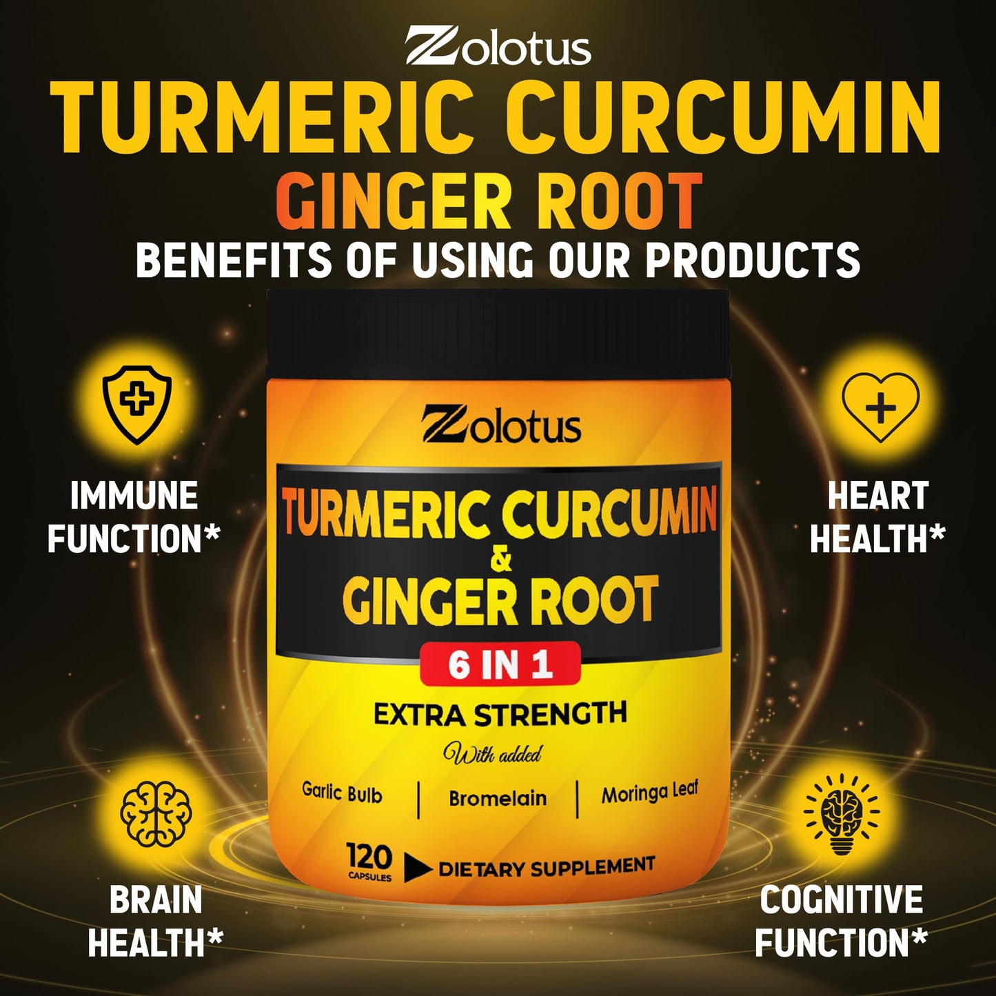 Zolotus 6 in 1 Turmeric Curcumin + Ginger Capsules, 120 Count