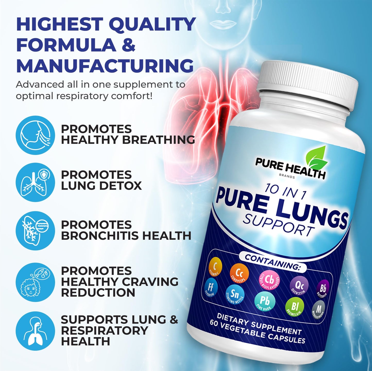 Pure Health Brands Pure Lungs Support 10-in-1 Lung Cleanse & Detox Supplement Capsules, 60 Count