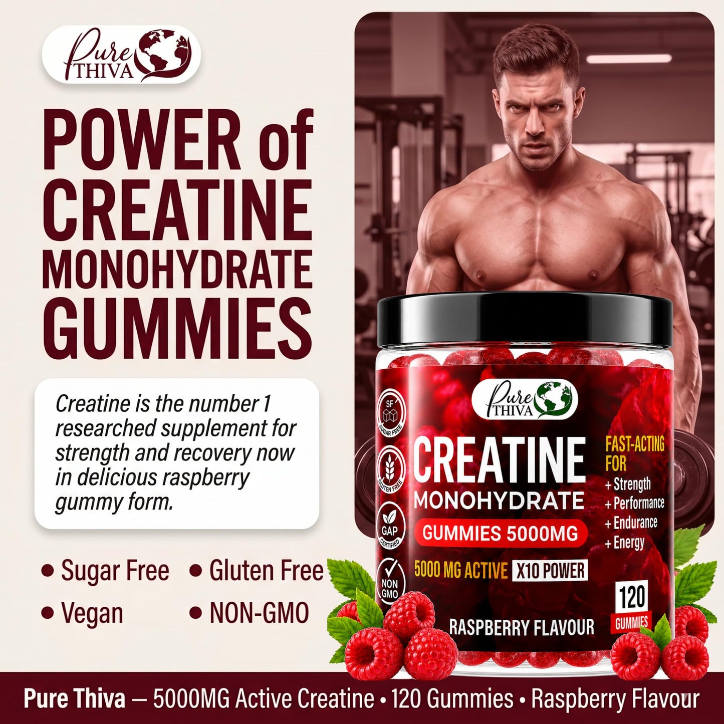 PureThiva Creatine Monohydrate Gummies 5000mg, Sugar Free Raspberry, Vegan, 120 Count, with Turmeric & Black Pepper for Muscle Strength, Energy & Endurance