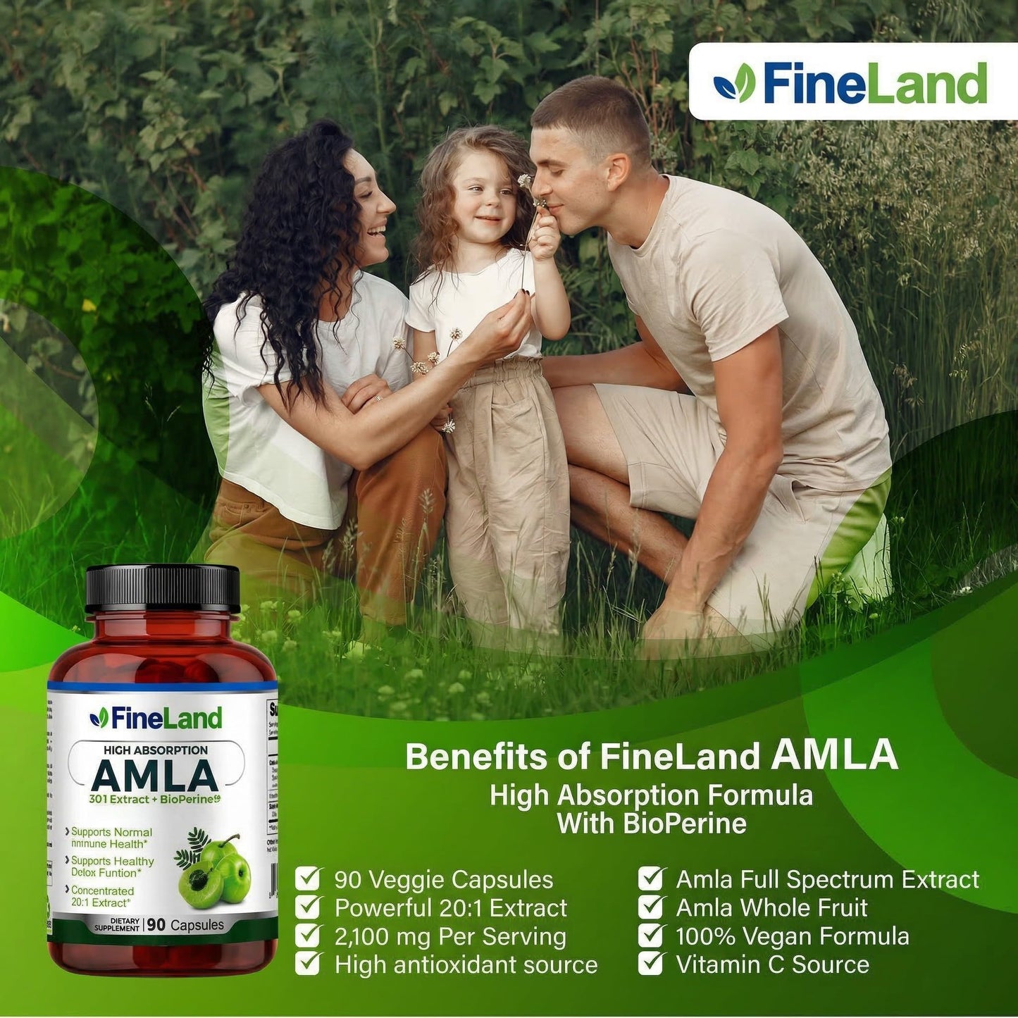 FineLand Amla (Indian Gooseberry) Full Spectrum Extract with BioPerine for Absorption, Immune & Digestive Support, 90 Capsules