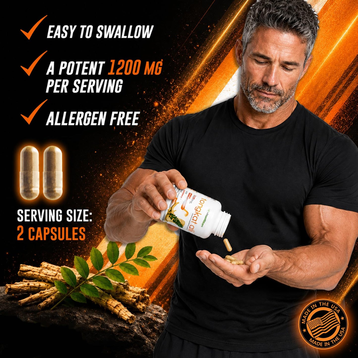 VH Nutrition Tongkat Ali Extra Strength Hormone Support for Men 200:1 Blend Standardized Eurycoma Longifolia (LongJack) Extract Powder, 60 Capsules