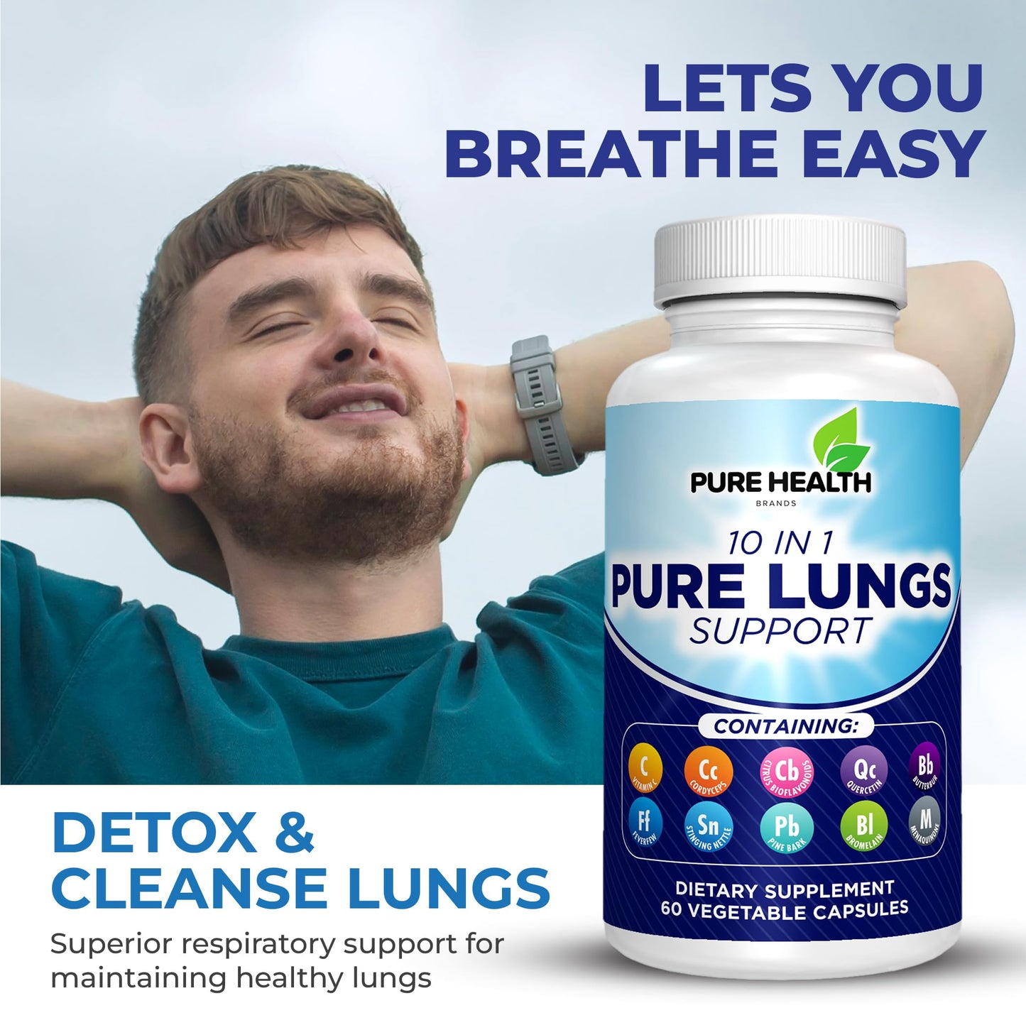 Pure Health Brands Pure Lungs Support 10-in-1 Lung Cleanse & Detox Supplement Capsules, 60 Count