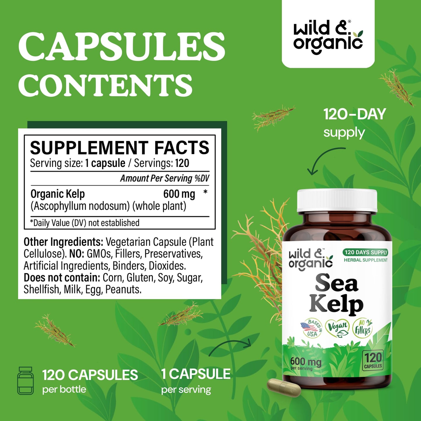 Wild & Organic Sea Kelp Capsules 600 mg, 120 Count