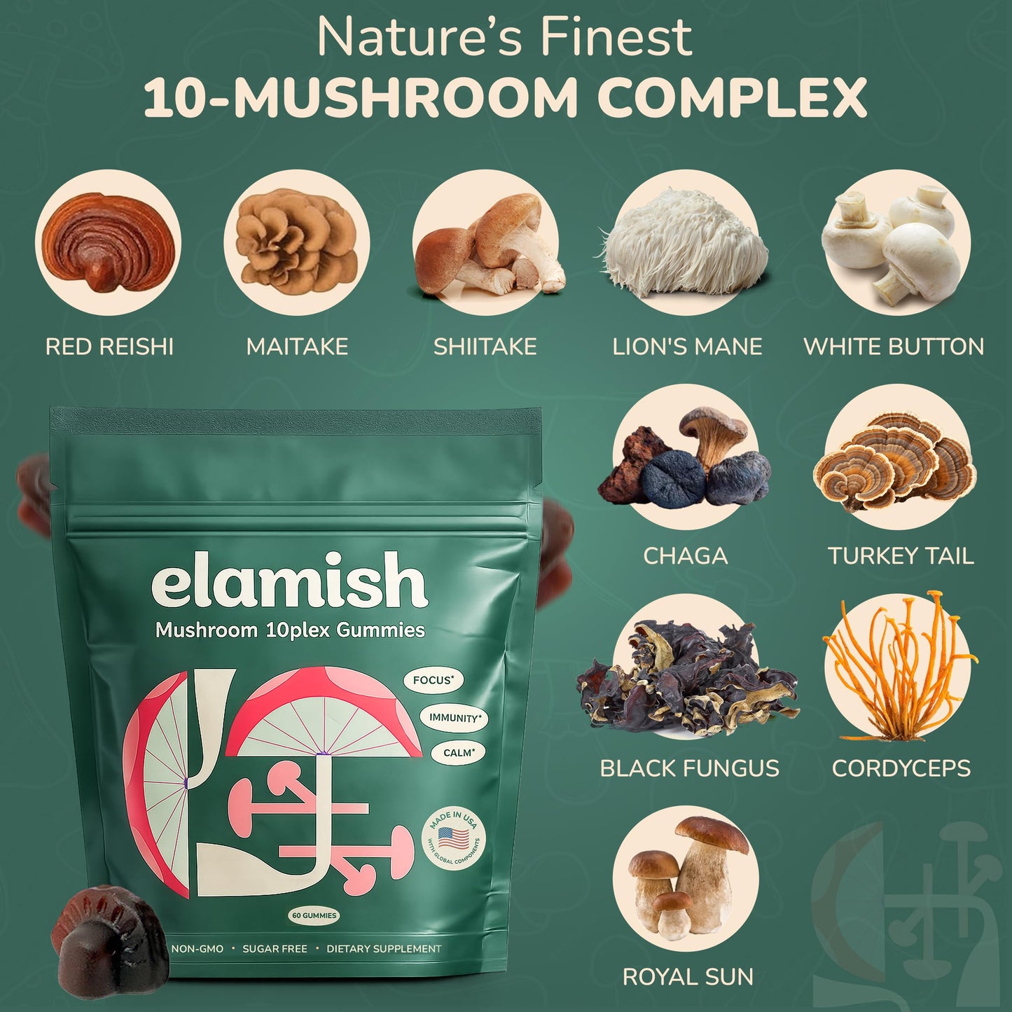 Elamish Mushroom Gummies – Focus, Immunity & Calm – Functional Mushrooms 10 Plex Blend, 60 Count