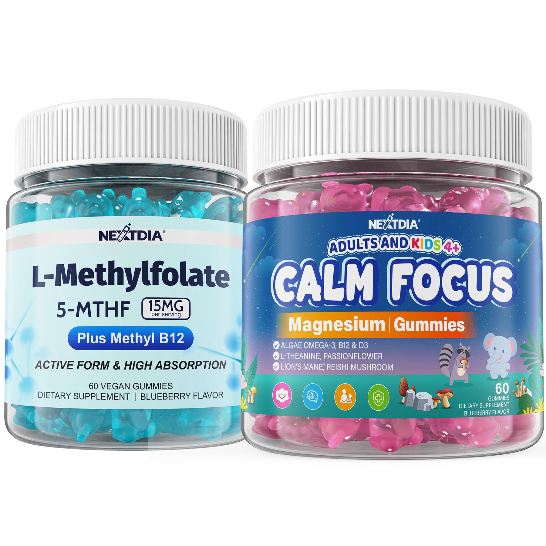 Nextdia Calm Focus Magnesium Gummies with L-MethylFolate 15mg & Methyl B12, 180 Gummies
