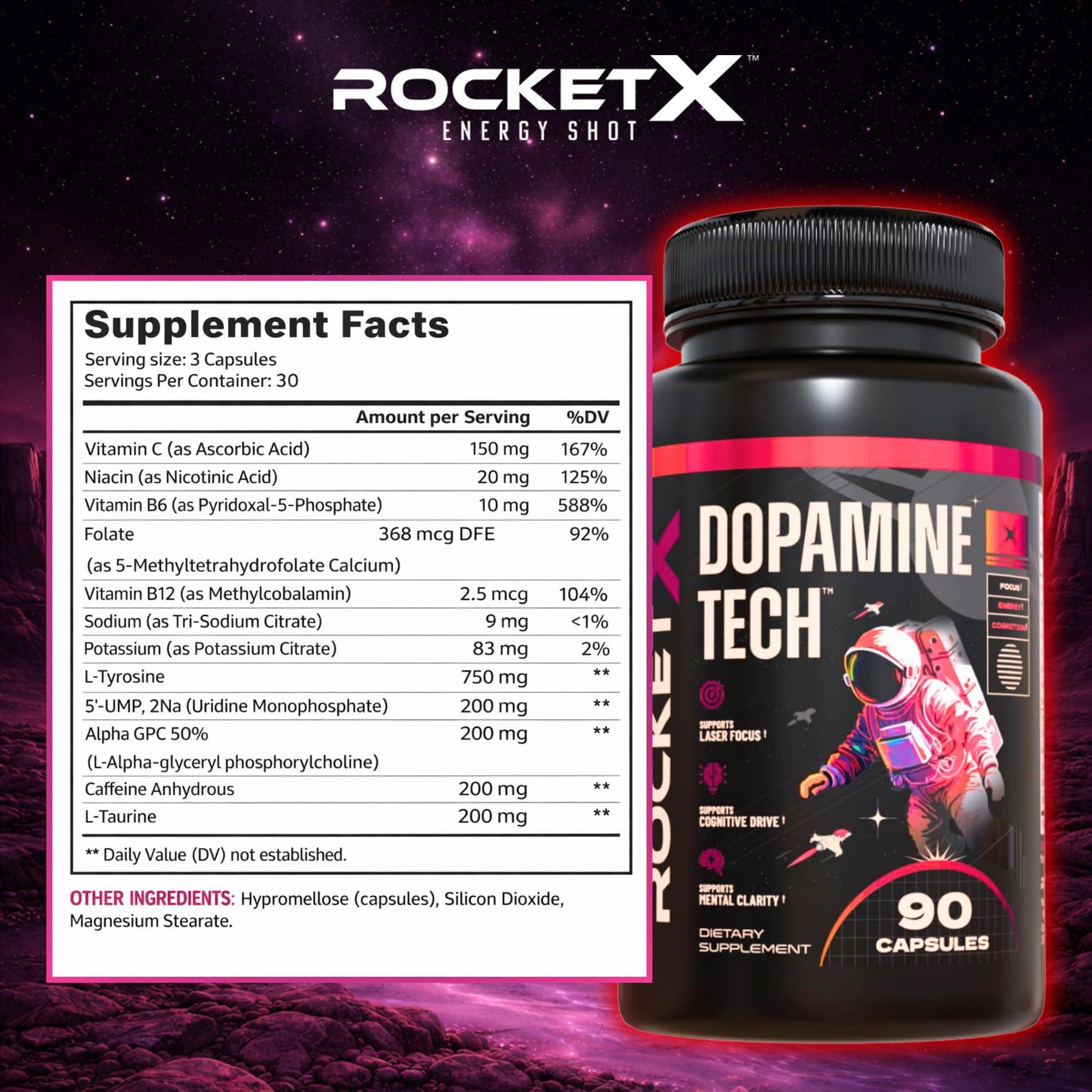 RocketX Energy Dopamine Tech Brain Food Supplement Capsule 90 Capsules