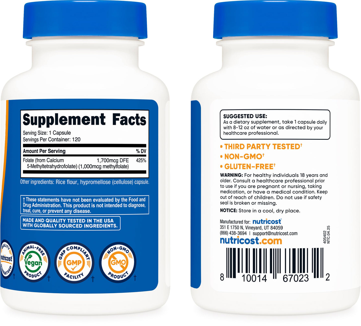 Nutricost Methylfolate 1000mcg Vegetarian Capsules, 120 Capsules