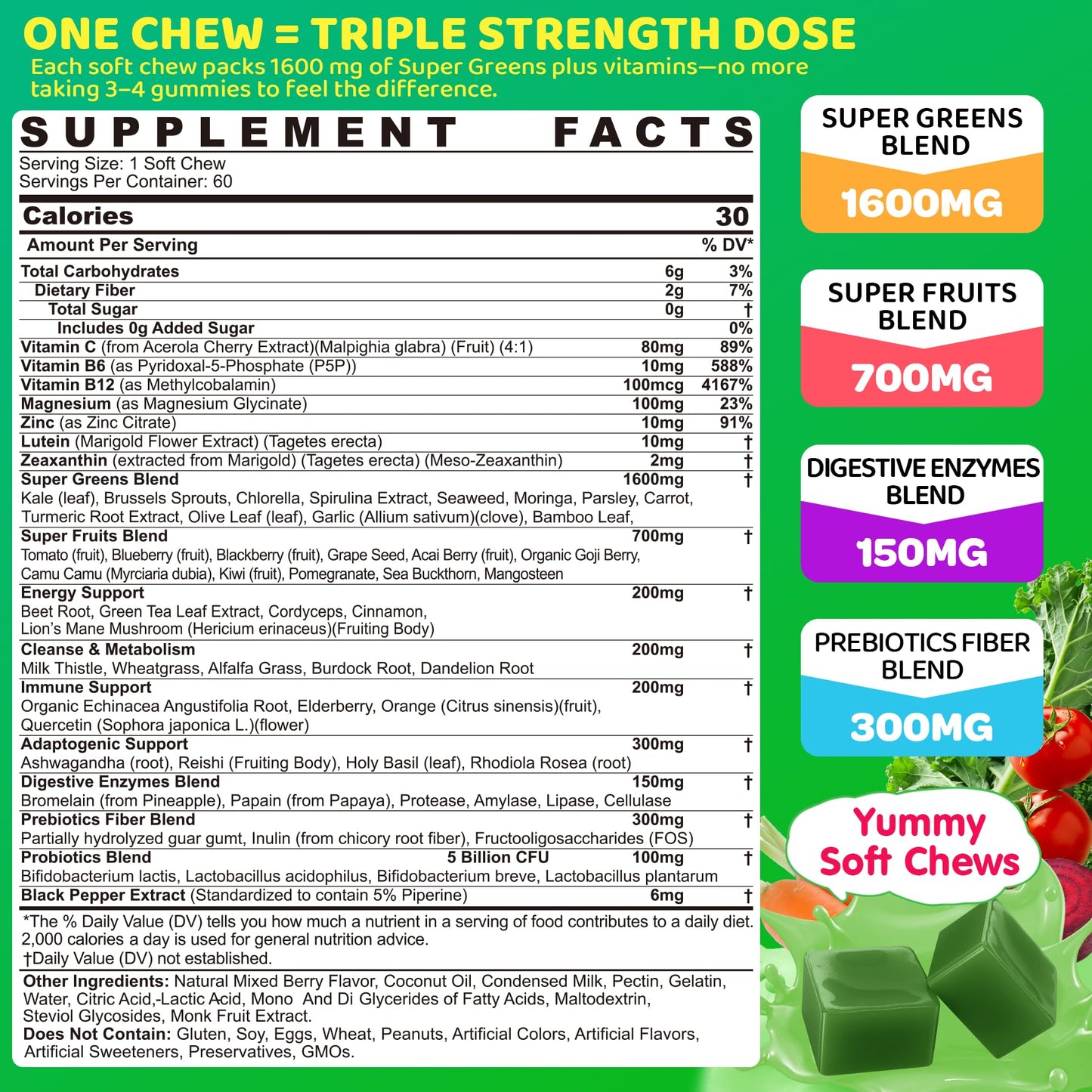 LILICARE Greens Superfood Multivitamin Soft Chew 60 Count