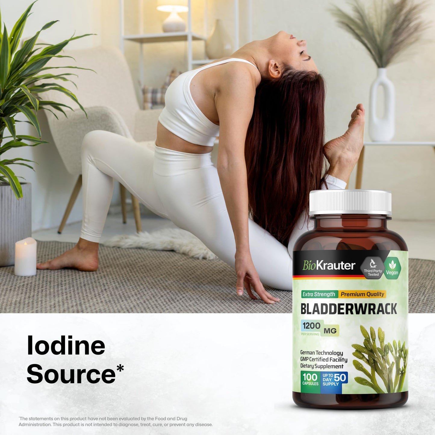BIO KRAUTER Bladderwrack for Thyroid Support Iodine Supplement 100 Capsules