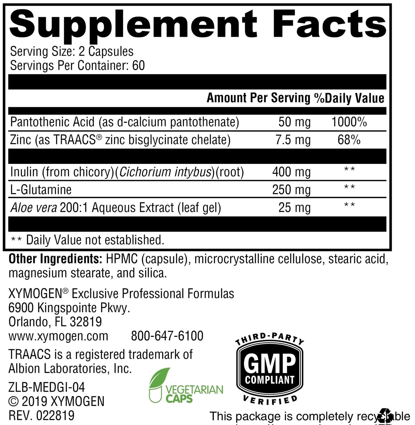 XYMOGEN MedCaps GI L-Glutamine, Zinc & Prebiotic Inulin - GI Mucosa & Gut Lining Support - with Aloe Leaf Extract - Vegetarian & Non-GMO, 120 Capsules