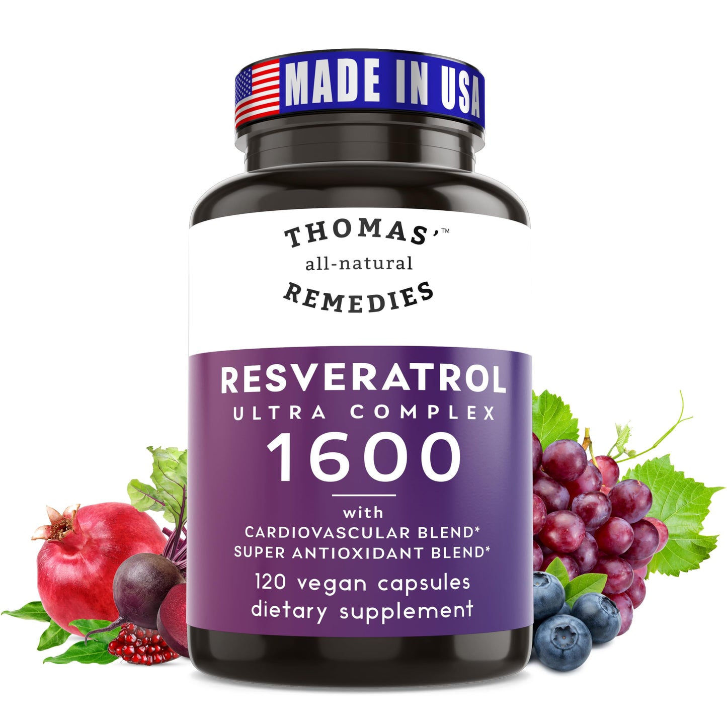 Thomas' all-natural Remedies Resveratrol 1600mg Organic Trans-Resveratrol Antioxidant Supplement with Organic Grape Seed Extract and Quercetin, Anti-Aging and Cardiovascular Support, 120 Capsules