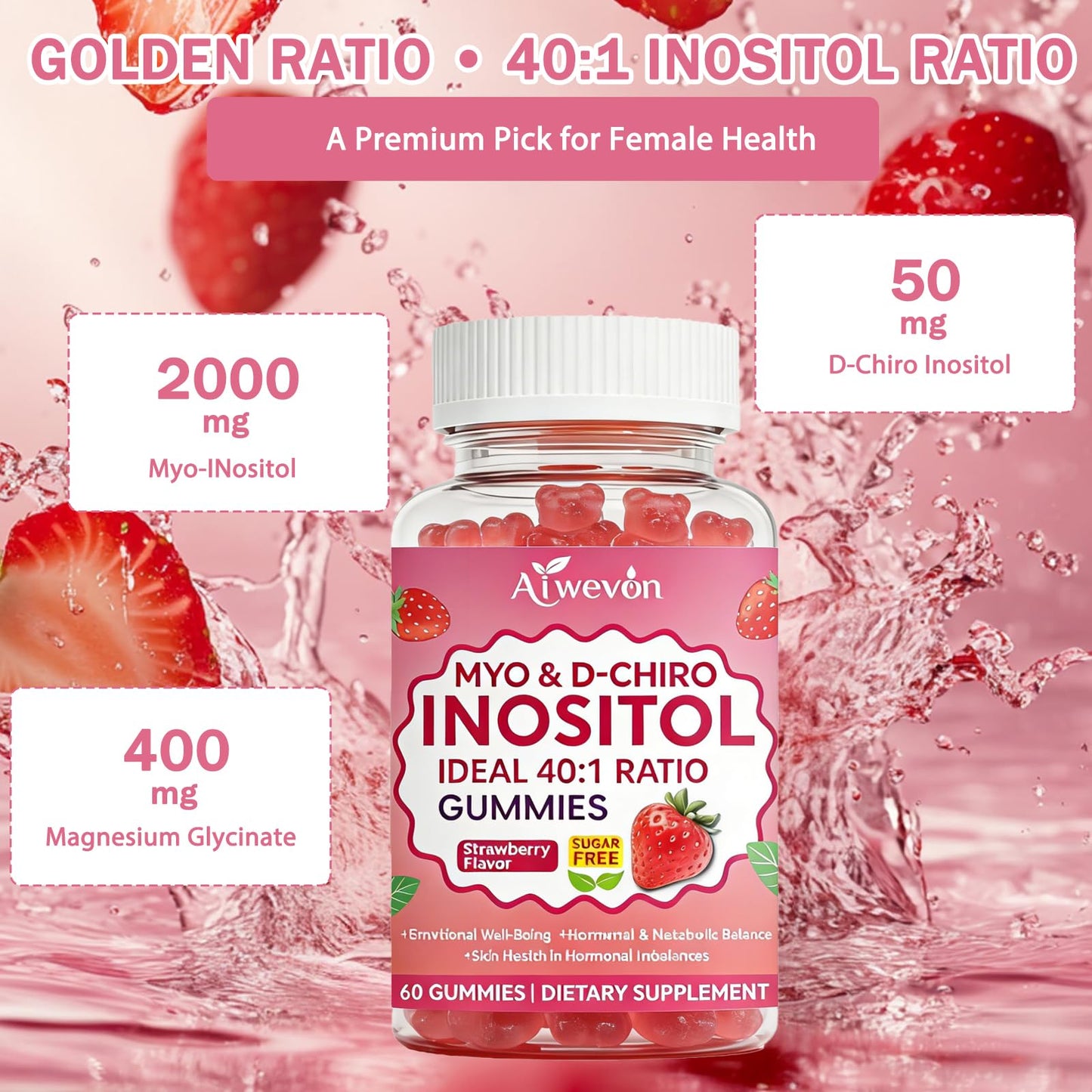 Aiwevon Myo-Inositol & D-Chiro Inositol Gummies 40:1 Ratio – Hormone Balance Supplement for Women – Ovarian & Fertility Support with Vitamins – Myo-Chiro Inositol Gummies for Women's Health, 60 Count