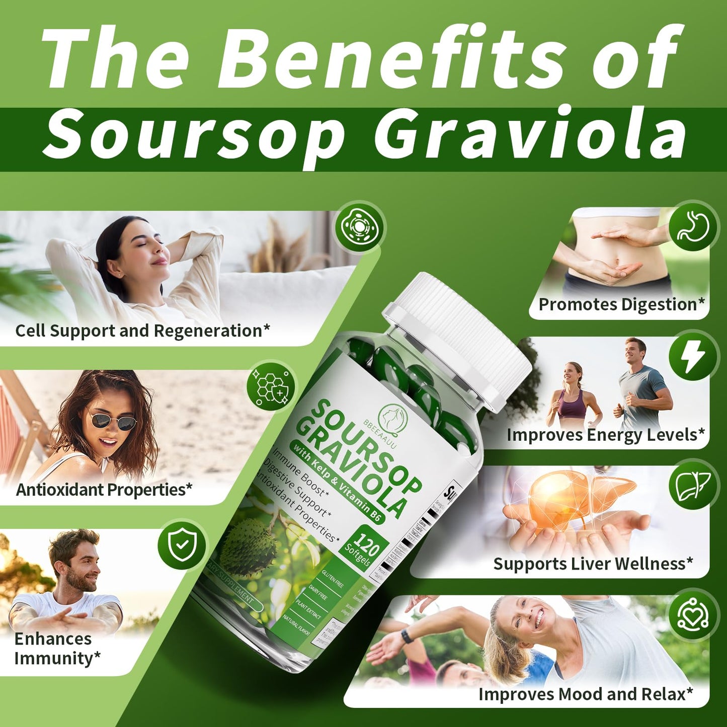 BBEEAAUU Soursop Graviola Capsules with Kelp, 240 Capsules