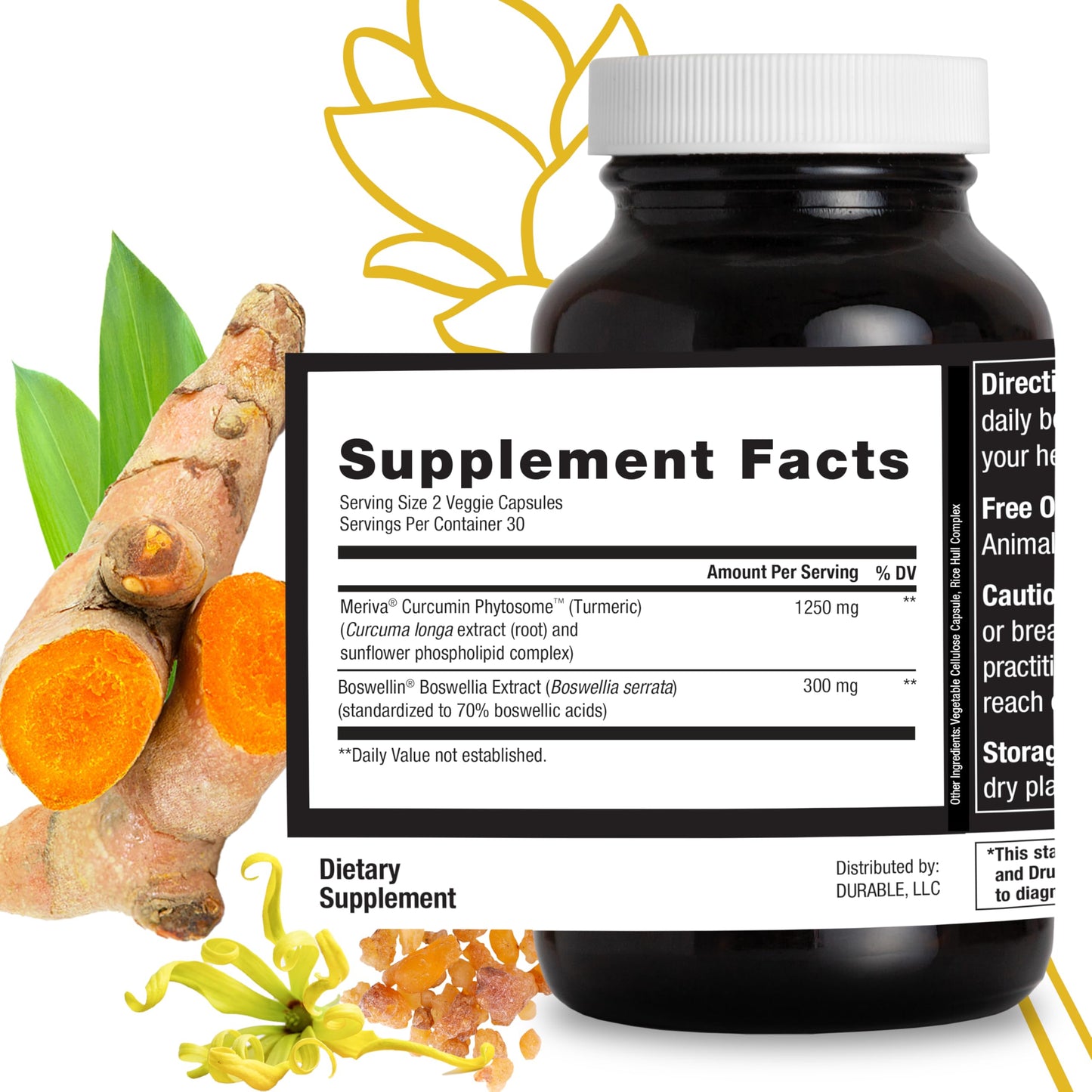 Durable Turmeric 1250 mg Meriva Curcumin with Boswellia, 60 Capsules