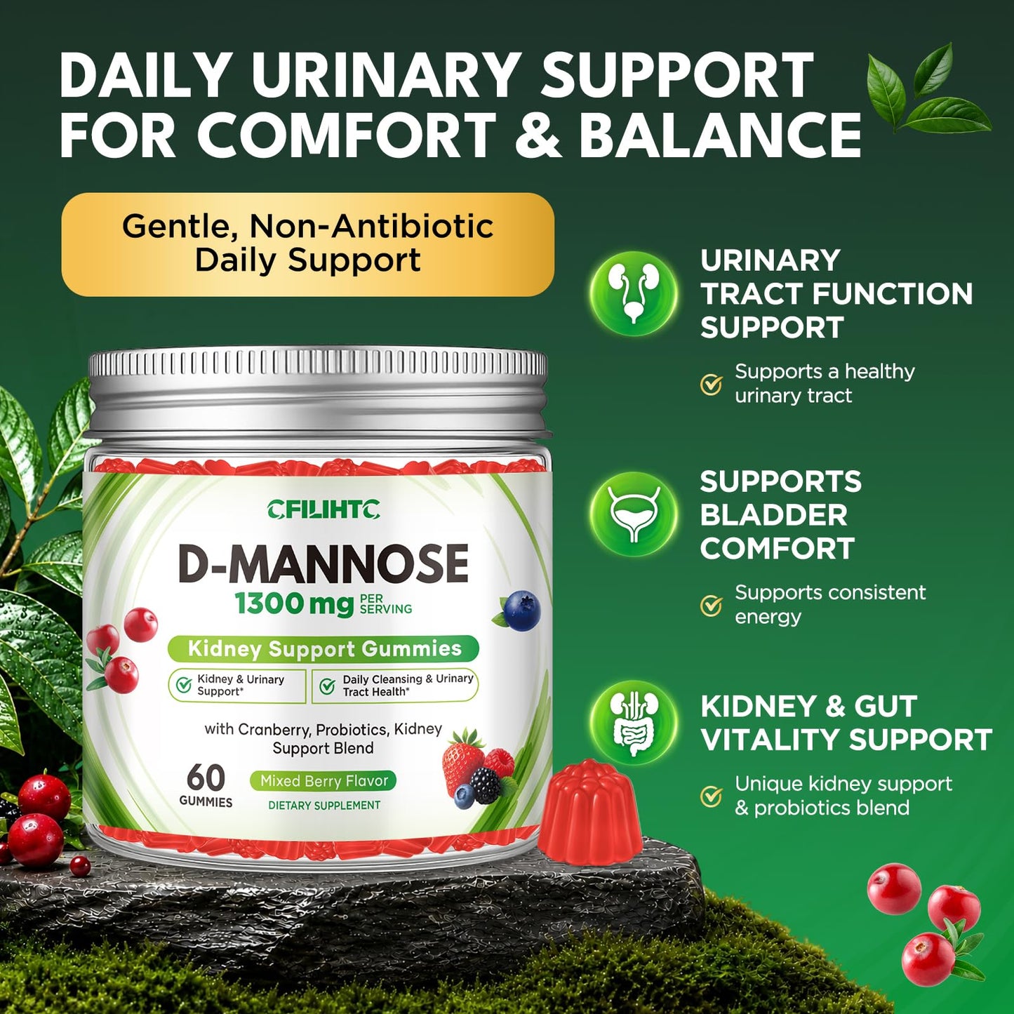 CFILIHTC D-Mannose Cranberry Gummies with Probiotics, 60 Count