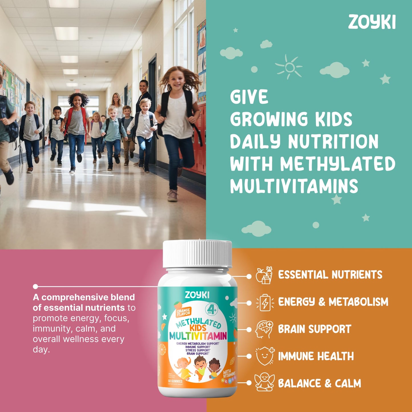 Zoyki Methylated Multivitamin Gummies for Kids with B Complex, 5-MTHF Folate (L-Methylfolate), 60 Count