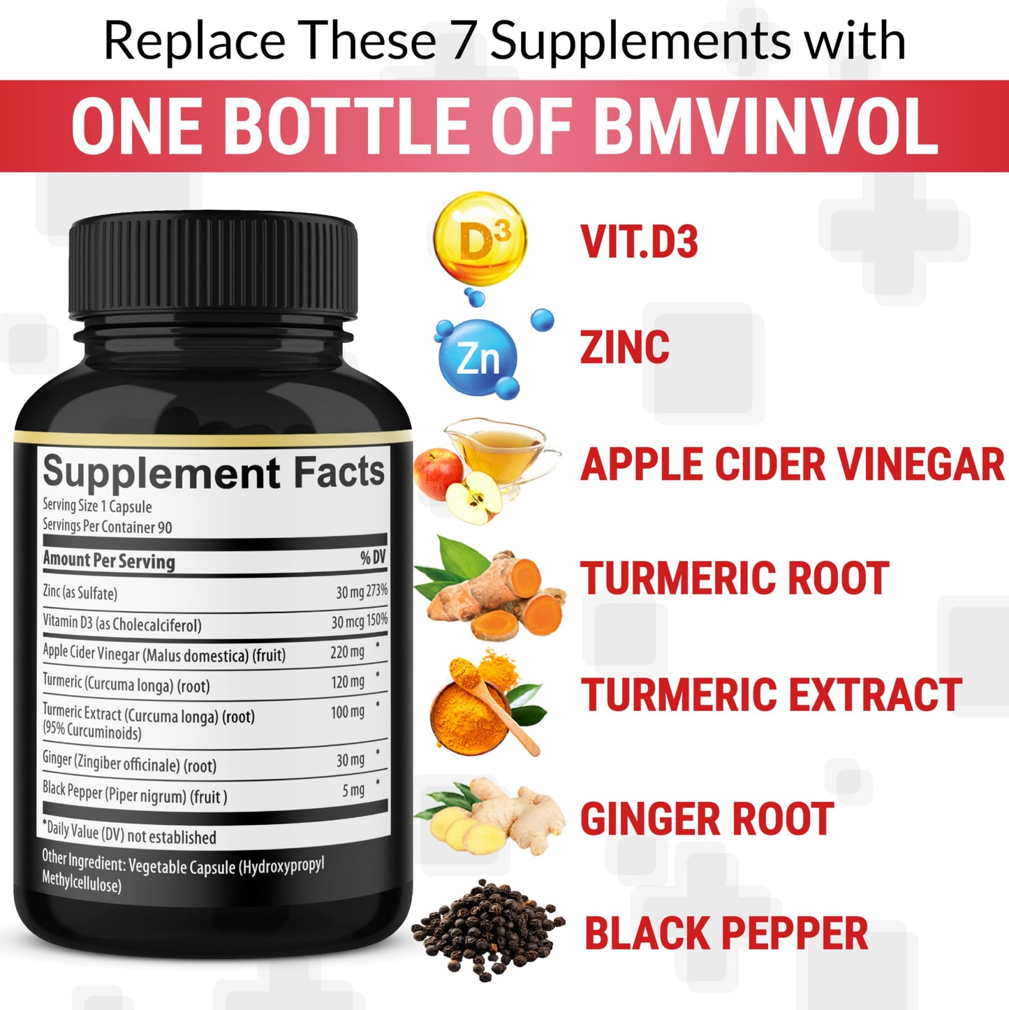 BMVINVOL Turmeric Curcumin with 95% Curcuminoids & Apple Cider Vinegar, Ginger Root & Black Pepper for Advanced Absorption Capsules, 90 Count