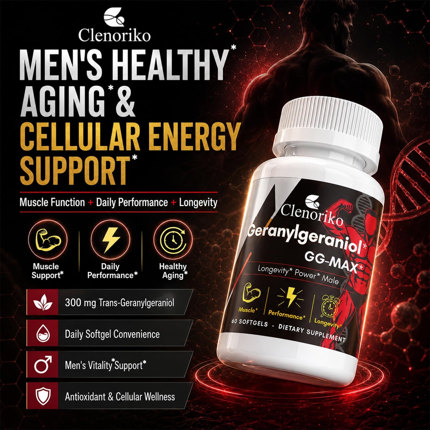 Clenoriko GG-Max Geranylgeraniol GG Supplement 300mg for Men Softgel, 120 Count