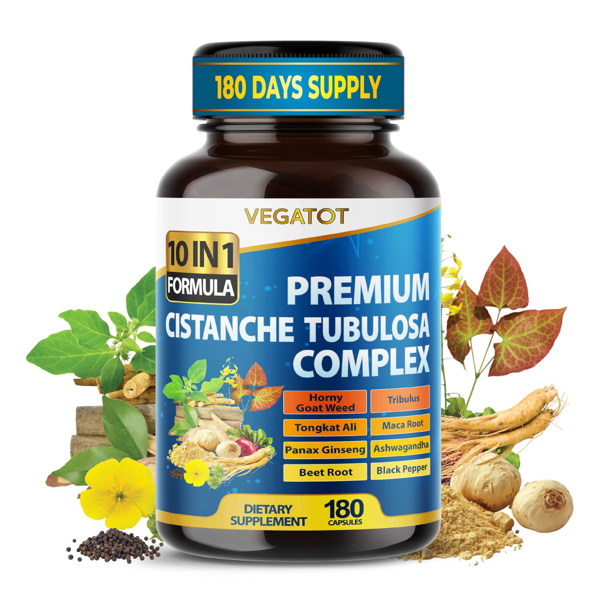 VEGATOT Organic Cistanche Tubulosa Complex 10-in-1 Herbal Formula with Tribulus, Tongkat Ali, Maca, Panax Ginseng, Ashwagandha Capsules, 90 Capsules