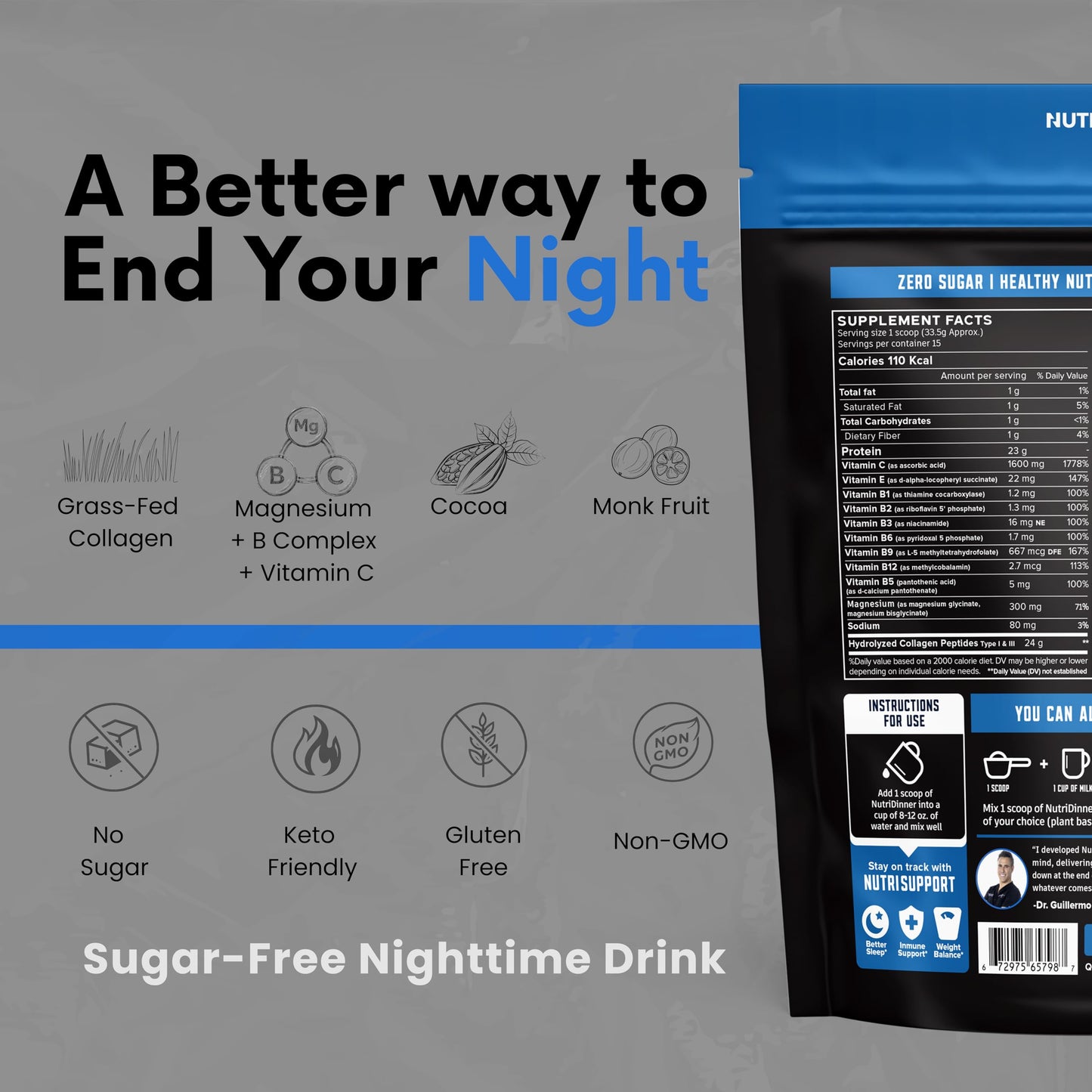 Nutri11 NutriDinner Grass-Fed Collagen Protein Powder with Magnesium, B-Vitamins & Monk Fruit – Nighttime Collagen Peptides Drink for Sleep, Recovery & Wellness, Sugar-Free, 1.07 lb