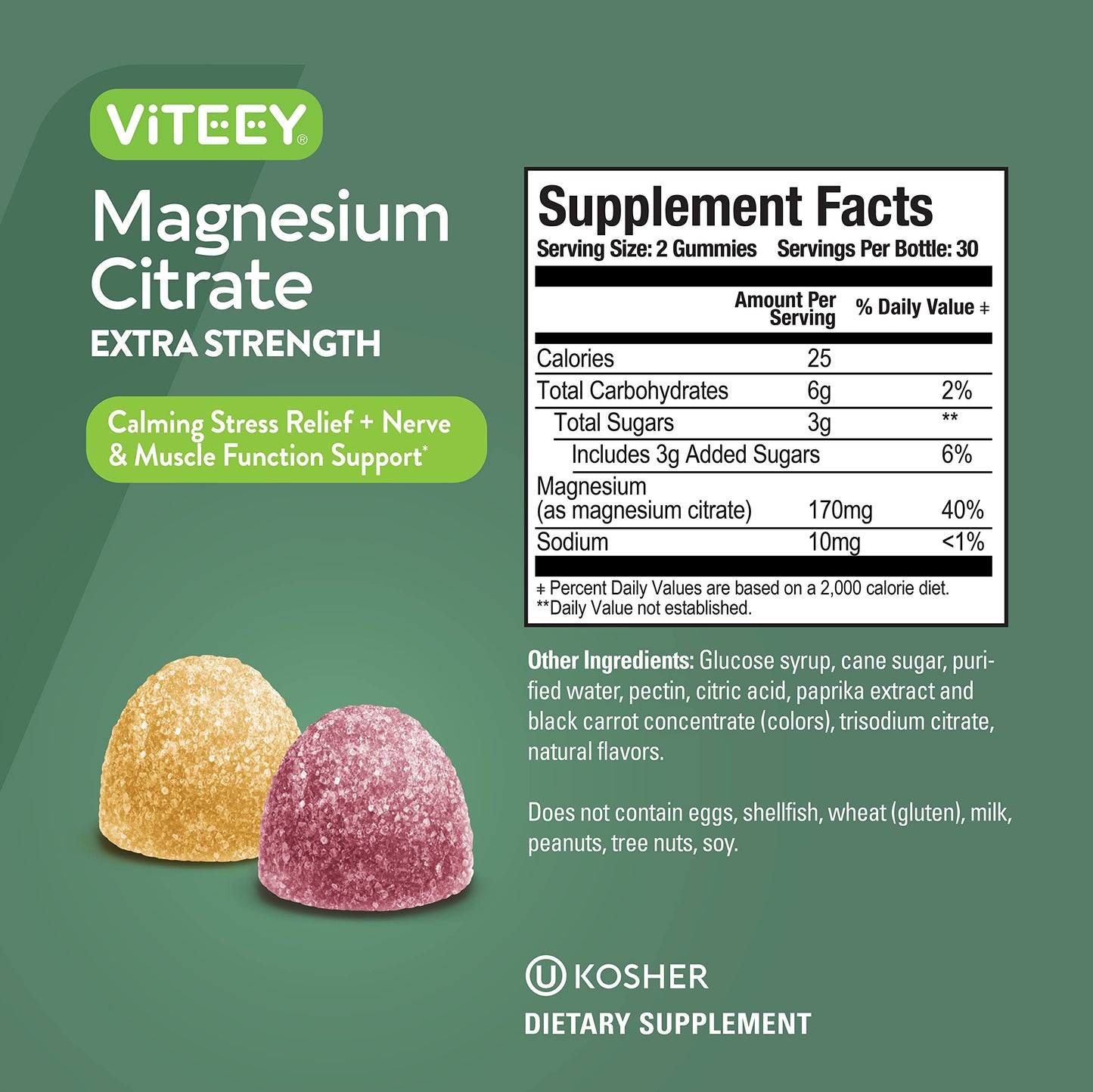 Viteey Magnesium Gummies for Adults - 170mg Magnesium Citrate per Gummy, Calm, Sleep, Nerve & Muscle Function Support - Vegan, Gluten Free, 120 Gummies