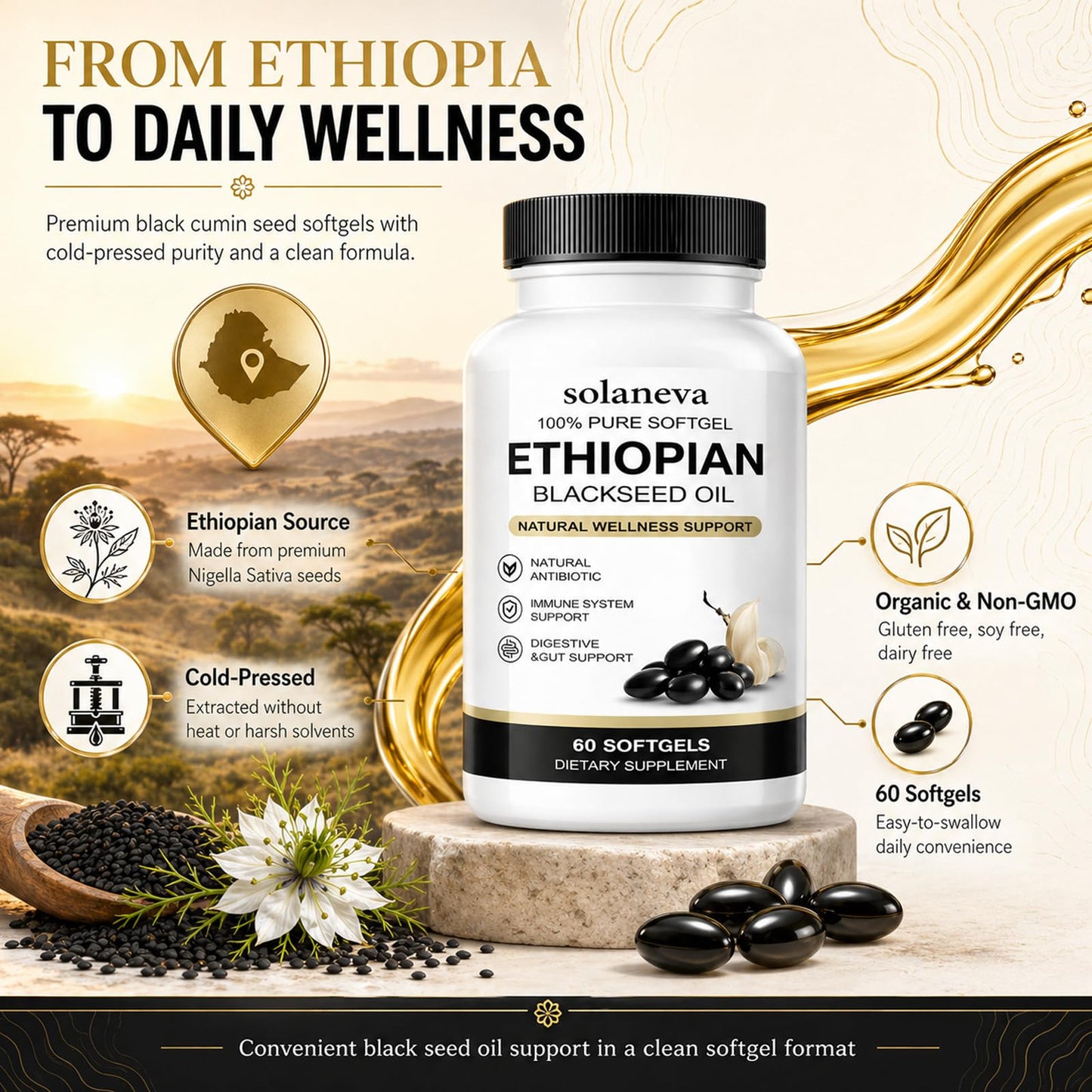 Kuri Nuka Solaneva Ethiopian Black Seed Oil Capsule, 60 Count