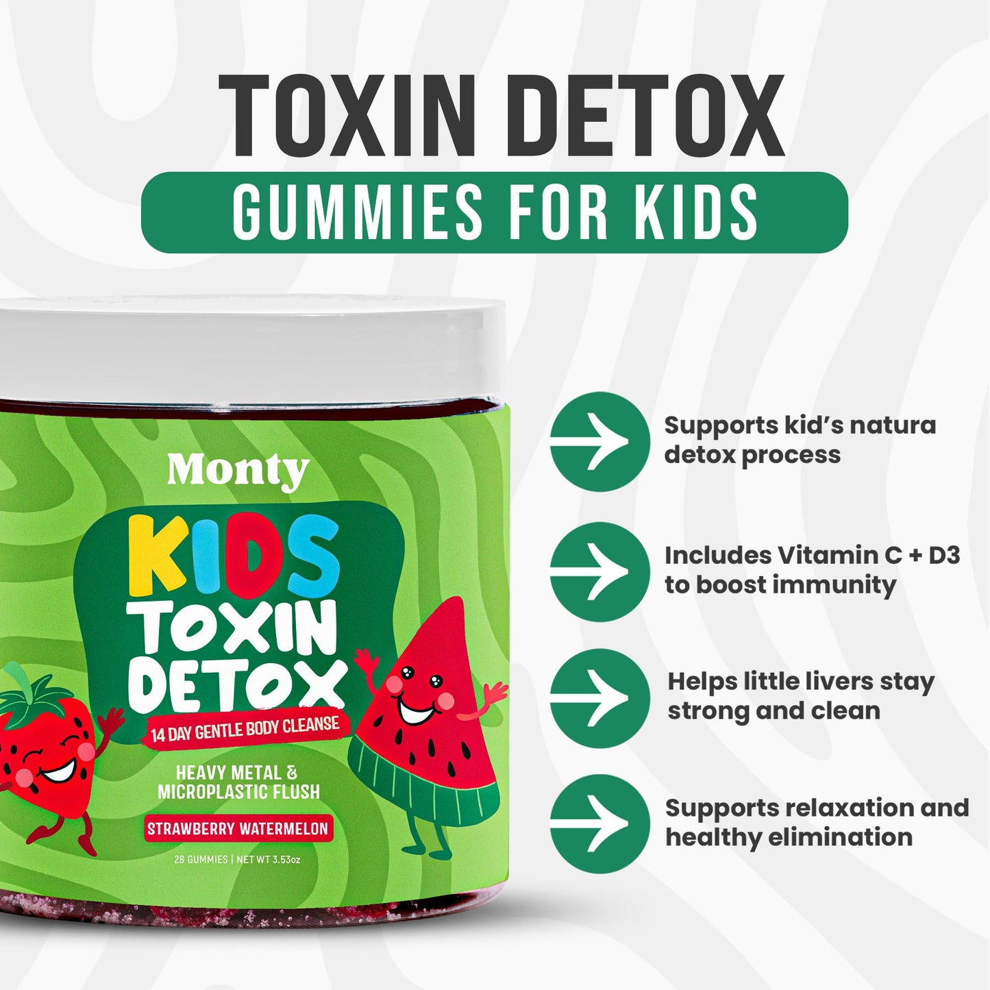 Monty Supplements Zeolite Detox for Kids, Heavy Metal & Microplastic Detox, Development, Behavior, Energy and Gut Health, Vegan Gummies w/Chlorella & Fibersol-2, Strawberry Watermelon Flavor, 28 Count