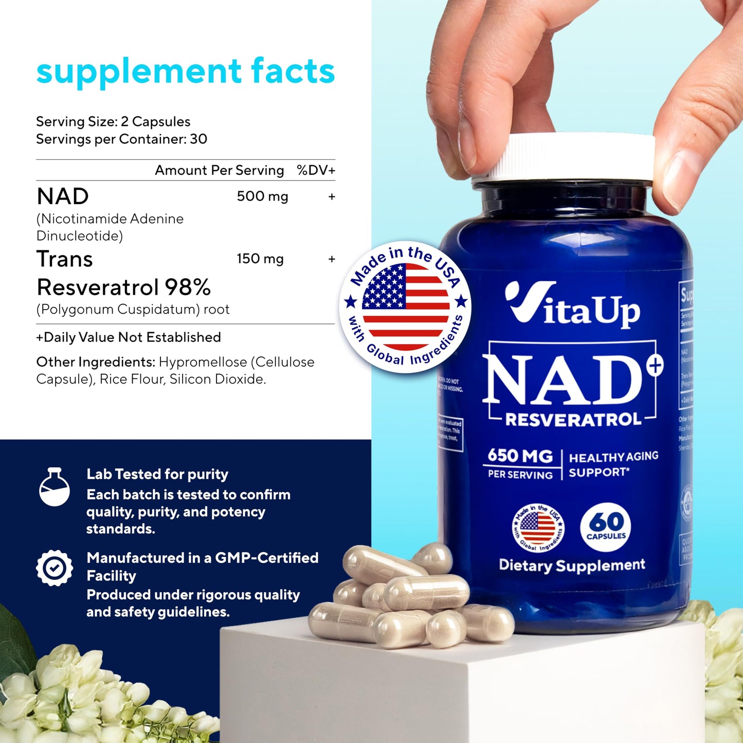 VitaUp NAD+ Resveratrol Supplement Capsule 650mg 60 Count