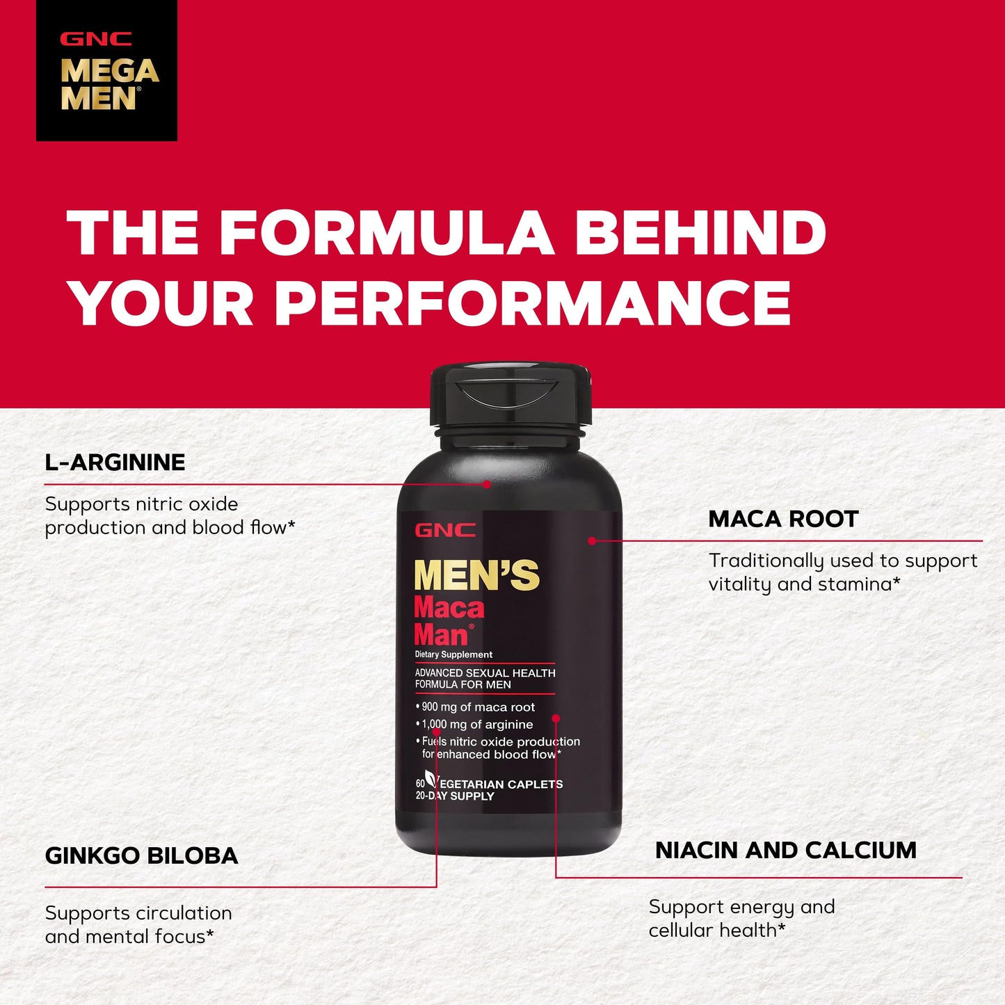 GNC Maca Man Maca Root Arginine for Enhanced Blood Flow Caplets 60 Count