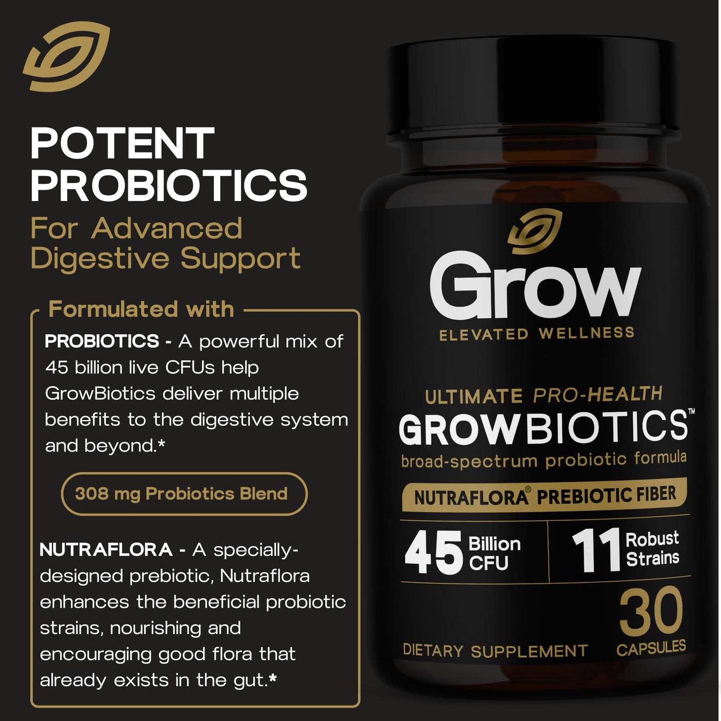 Grow Vitamin GrowBiotics Probiotics for Women & Men: Comprehensive Formula, 45 Billion CFU, 11 Strains, Dairy Free - w/Prebiotics and Probiotics - Promotes Immune & Gut Health, 30 Veggie Caps