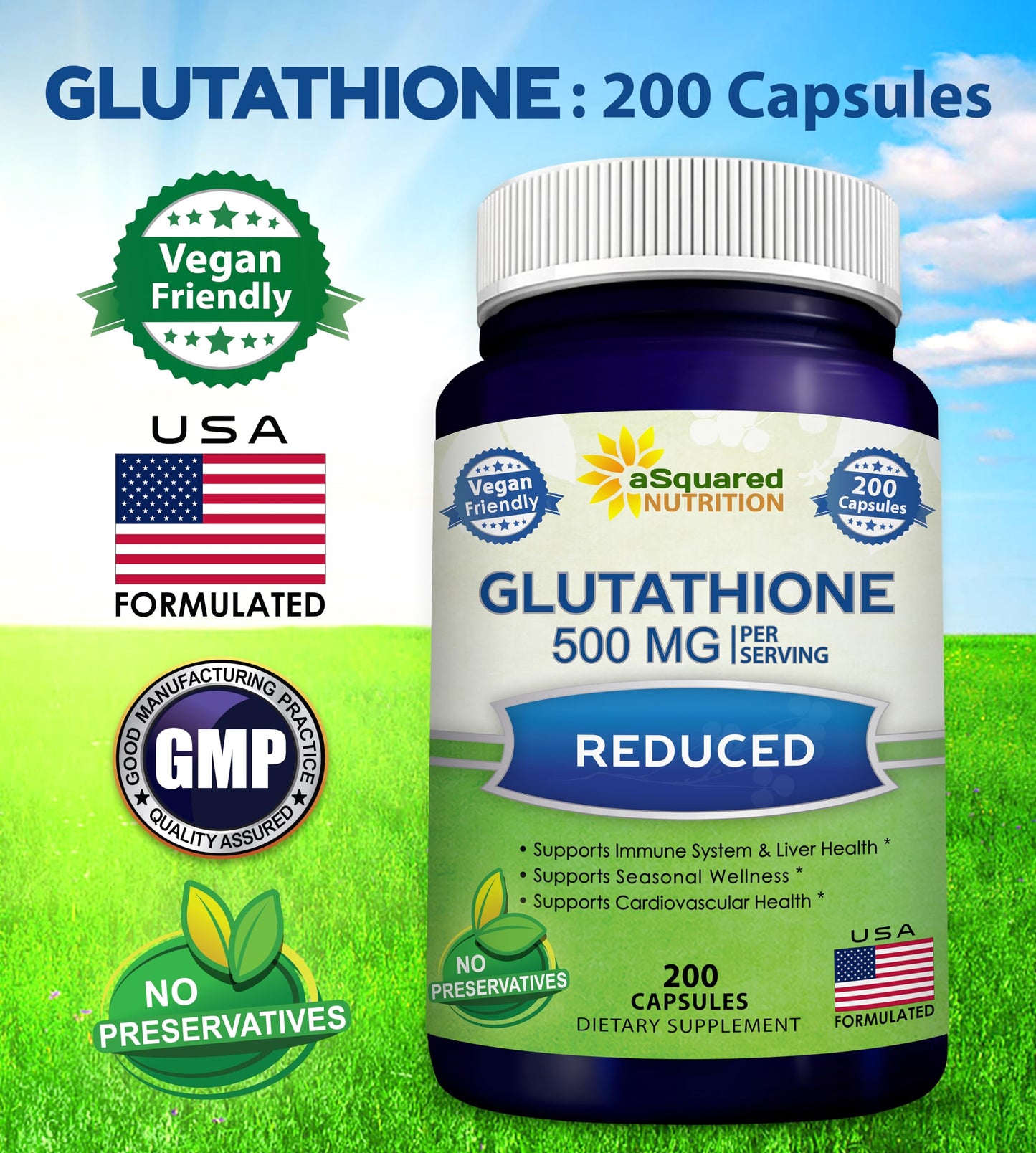 aSquared Nutrition Reduced Glutathione 500mg Per Serving Capsule, 200 Count