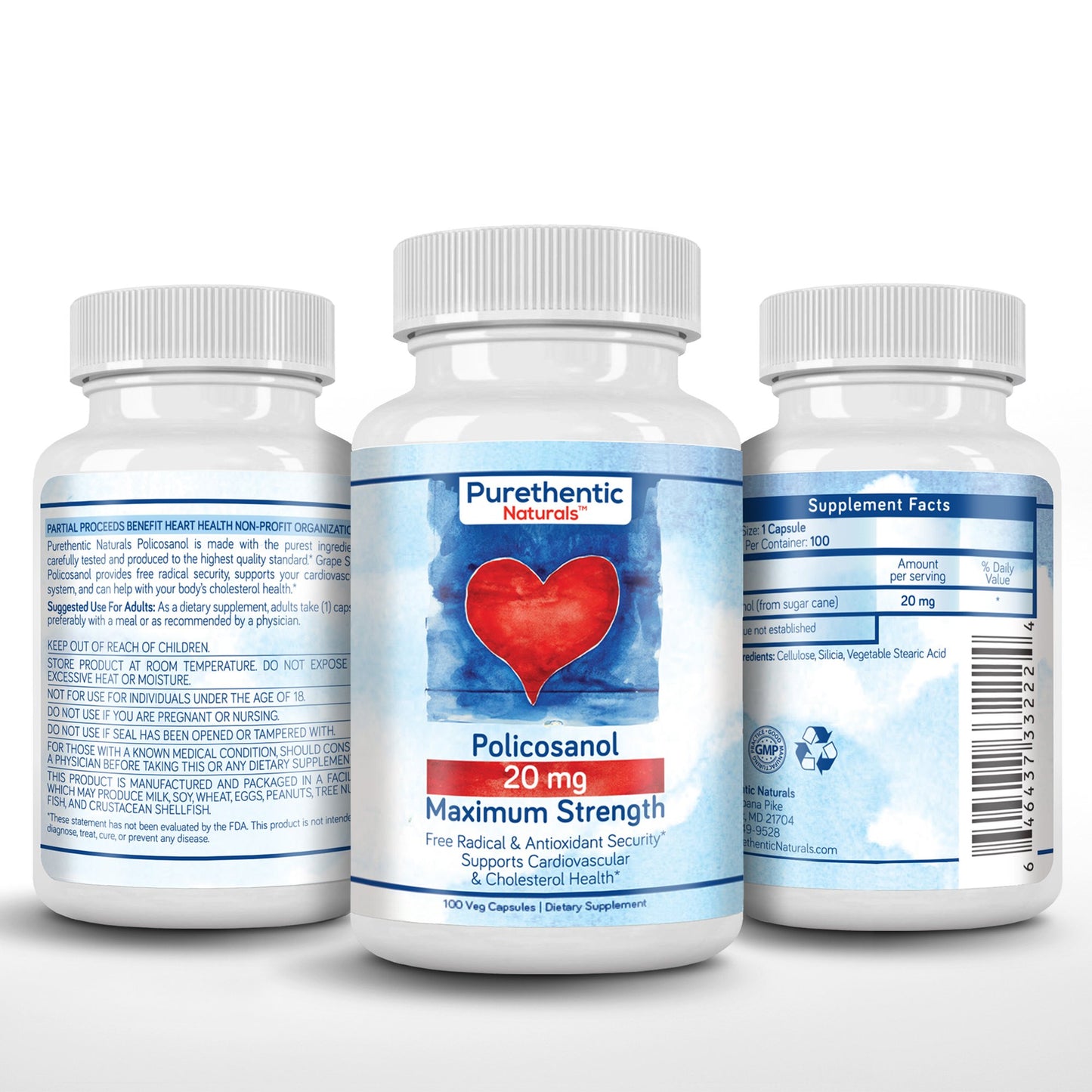 Purethentic Naturals Policosanol 20mg Veg Capsules, 100 Capsules