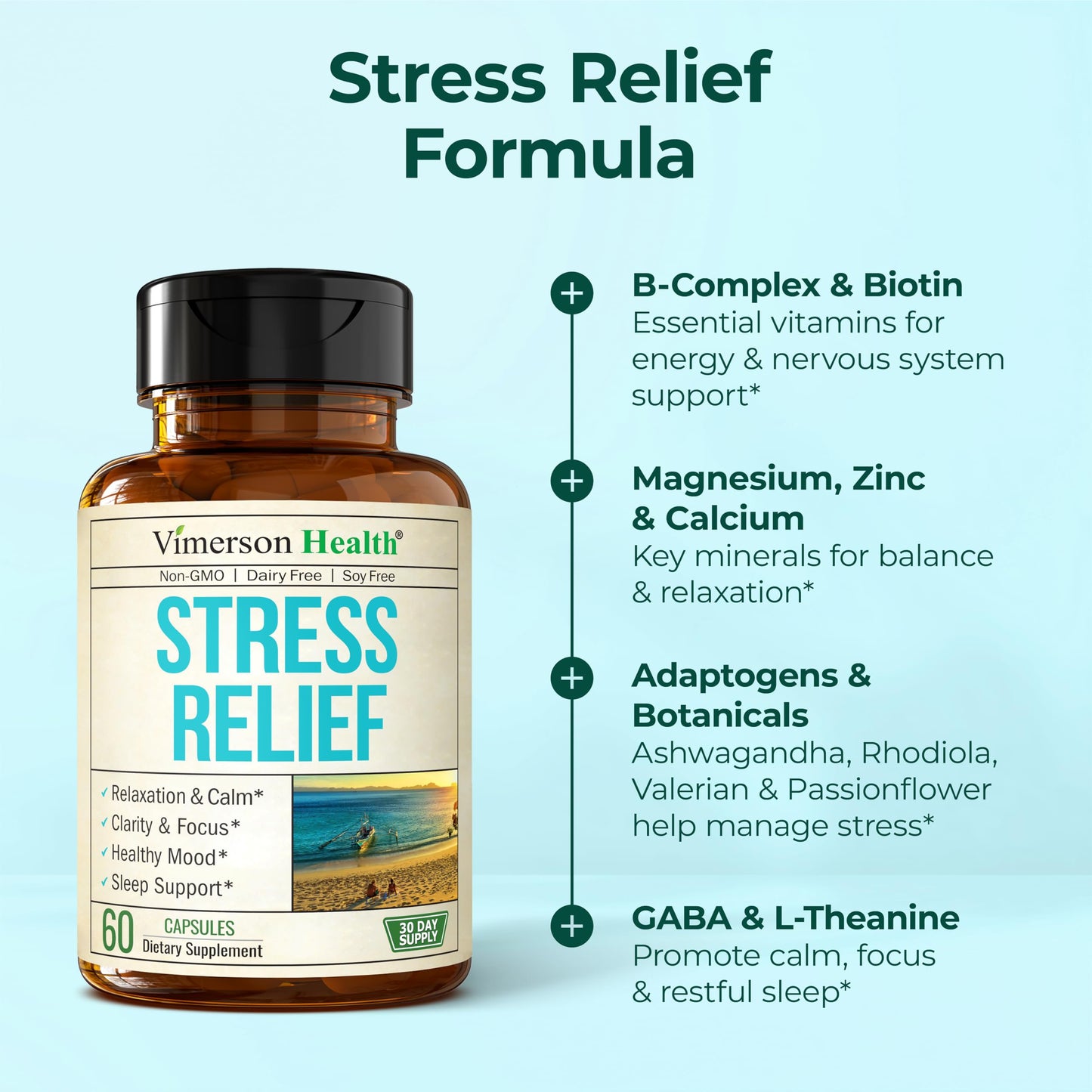 Vimerson Health Stress Relief Supplement with 5-HTP, Ashwagandha, Valerian, St John's Wort, GABA, Chamomile & B-Vitamins Capsules, 60 Count