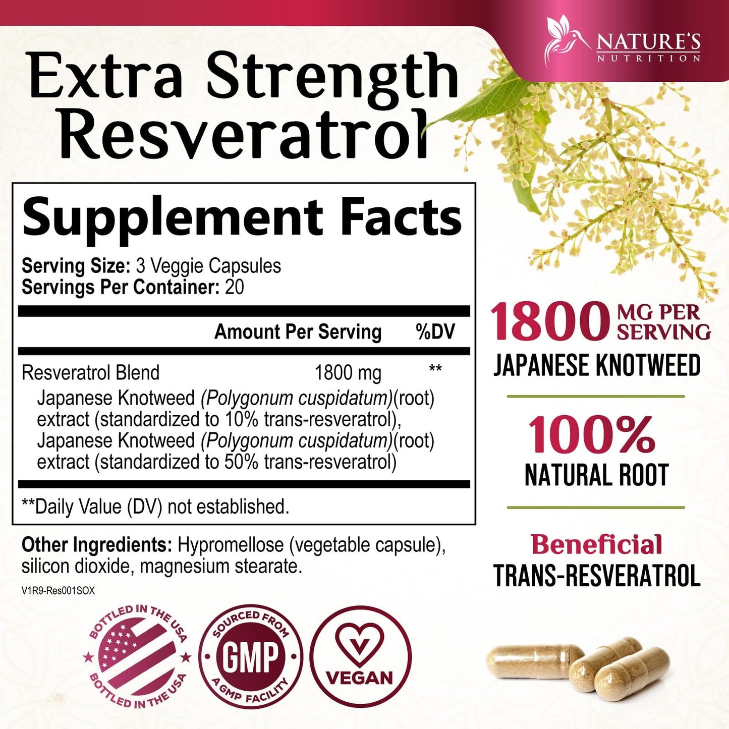 Nature's Nutrition Resveratrol Supplement - 1800mg Per Serving Extra Strength Resveratrol Blend Capsule, 60 Capsules