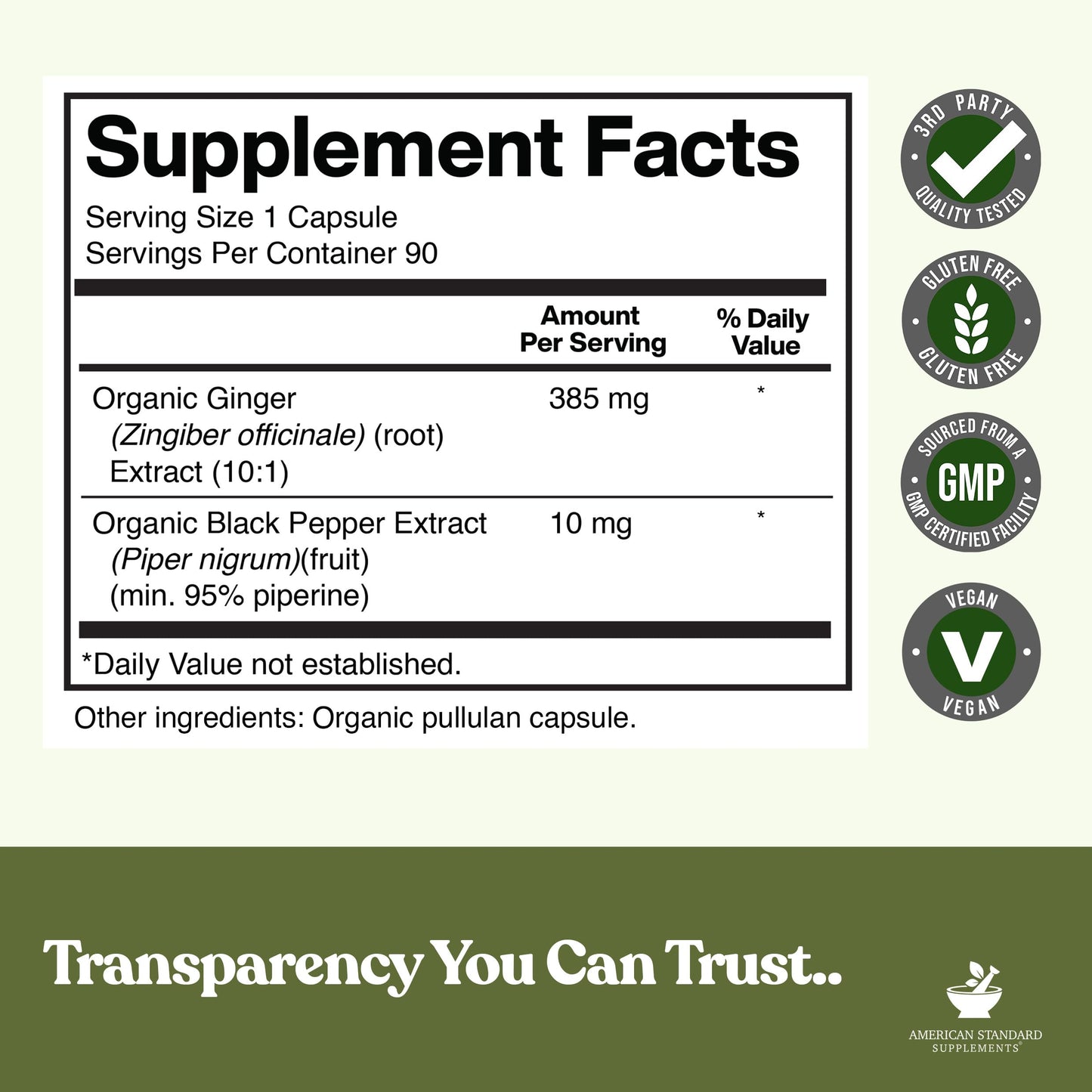 American Standard Supplements Organic Ginger Extract with Organic Black Pepper Extract 90 Capsules