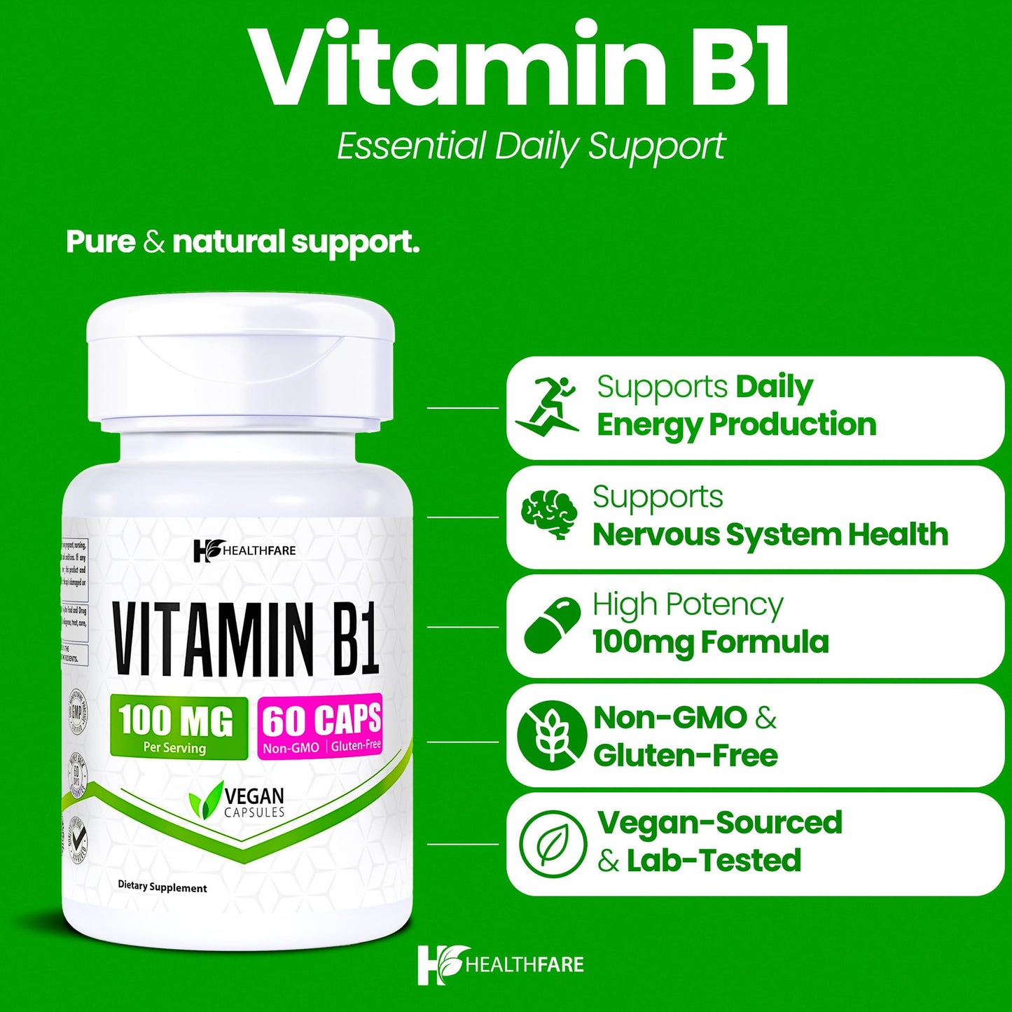 Healthfare Vitamin B1 100mg Thiamine Supplement Capsules, 60 Count