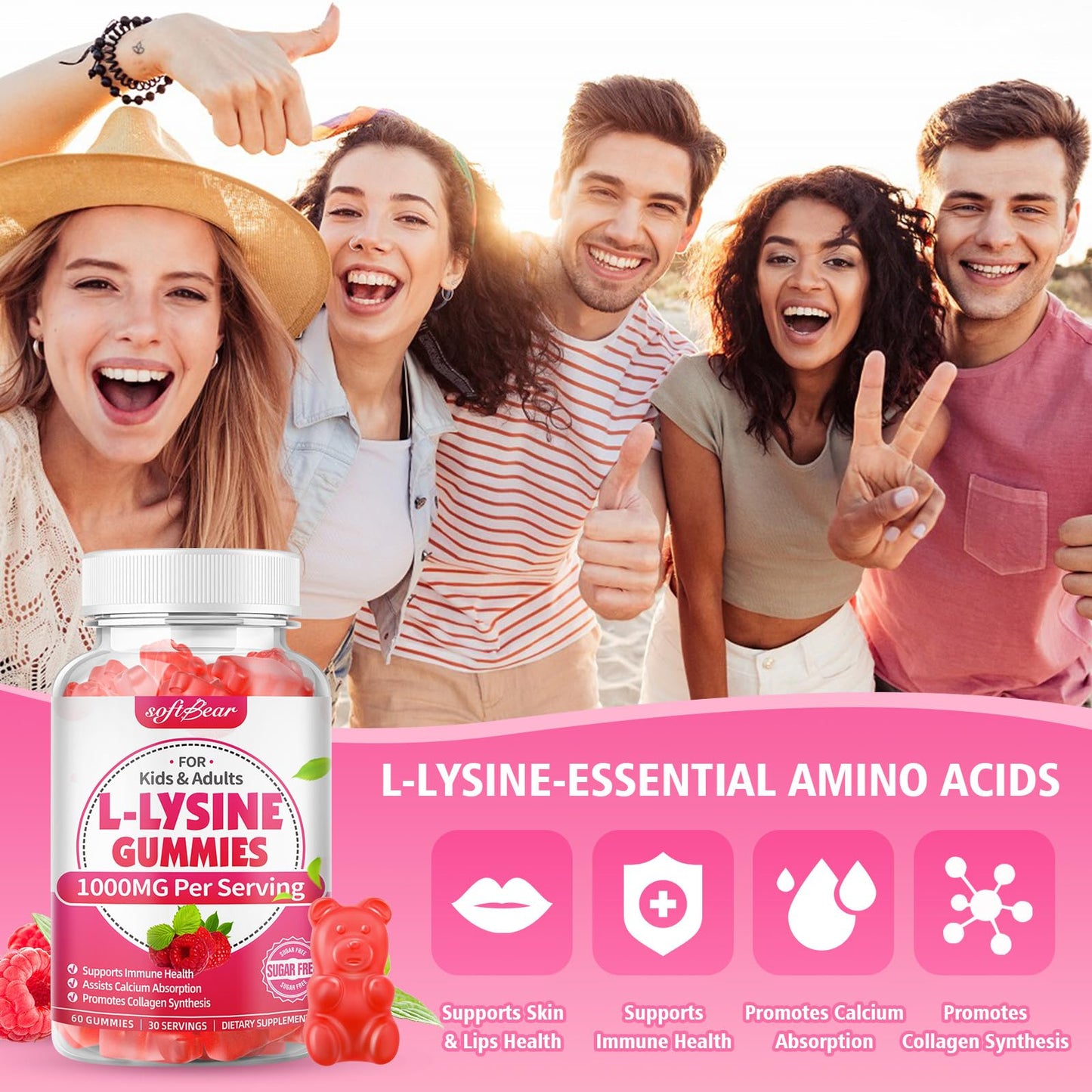 softbear L-Lysine Gummies 1000mg Chewable Lysine Supplement for Lips & Oral Health, Immune & Collagen Support, Vegan, Non-GMO, Gluten-Free, Raspberry Flavor, 120 Count