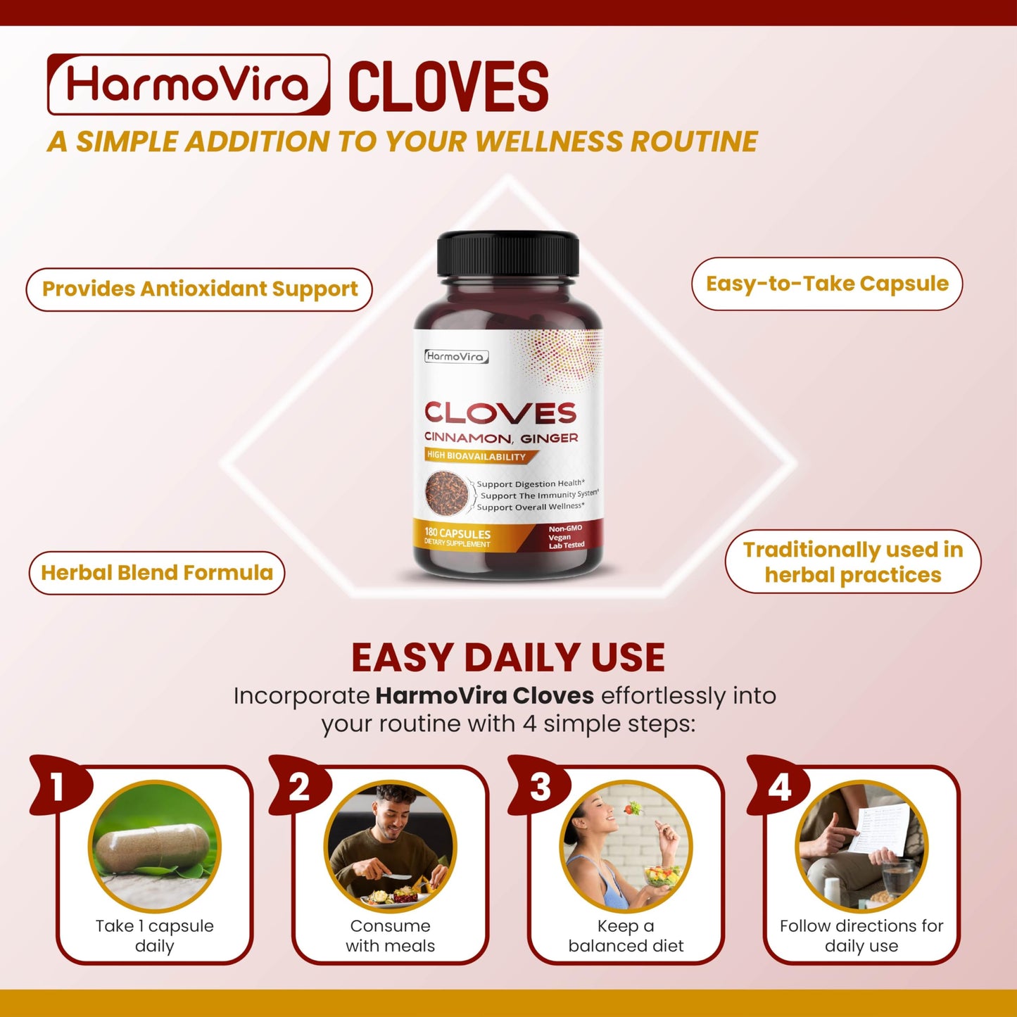 HarmoVira Liposomal Cloves Supplement with Cinnamon, Ginger, Turmeric, Oregano & Black Pepper Capsules, 180